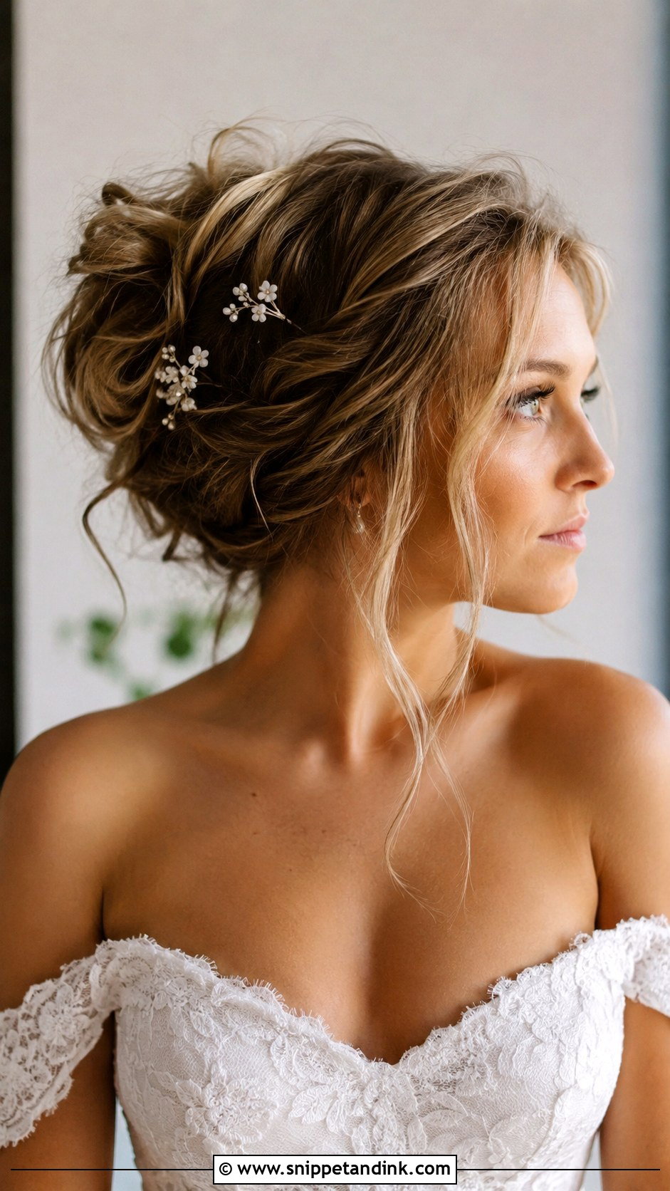 Messy Bun Wedding Hair For Off Shoulder Dress - Snippet and Ink - 15 Wedding Hairstyles for Off Shoulder Dress