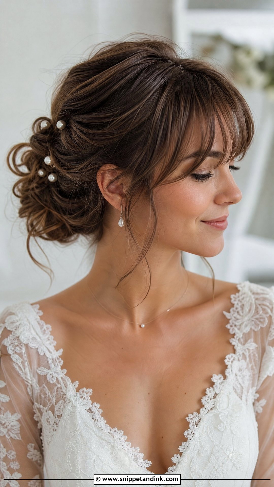 Messy Bun Wedding Hair With Bangs - Snippet and Ink - 15 Bang Wedding Hairstyles