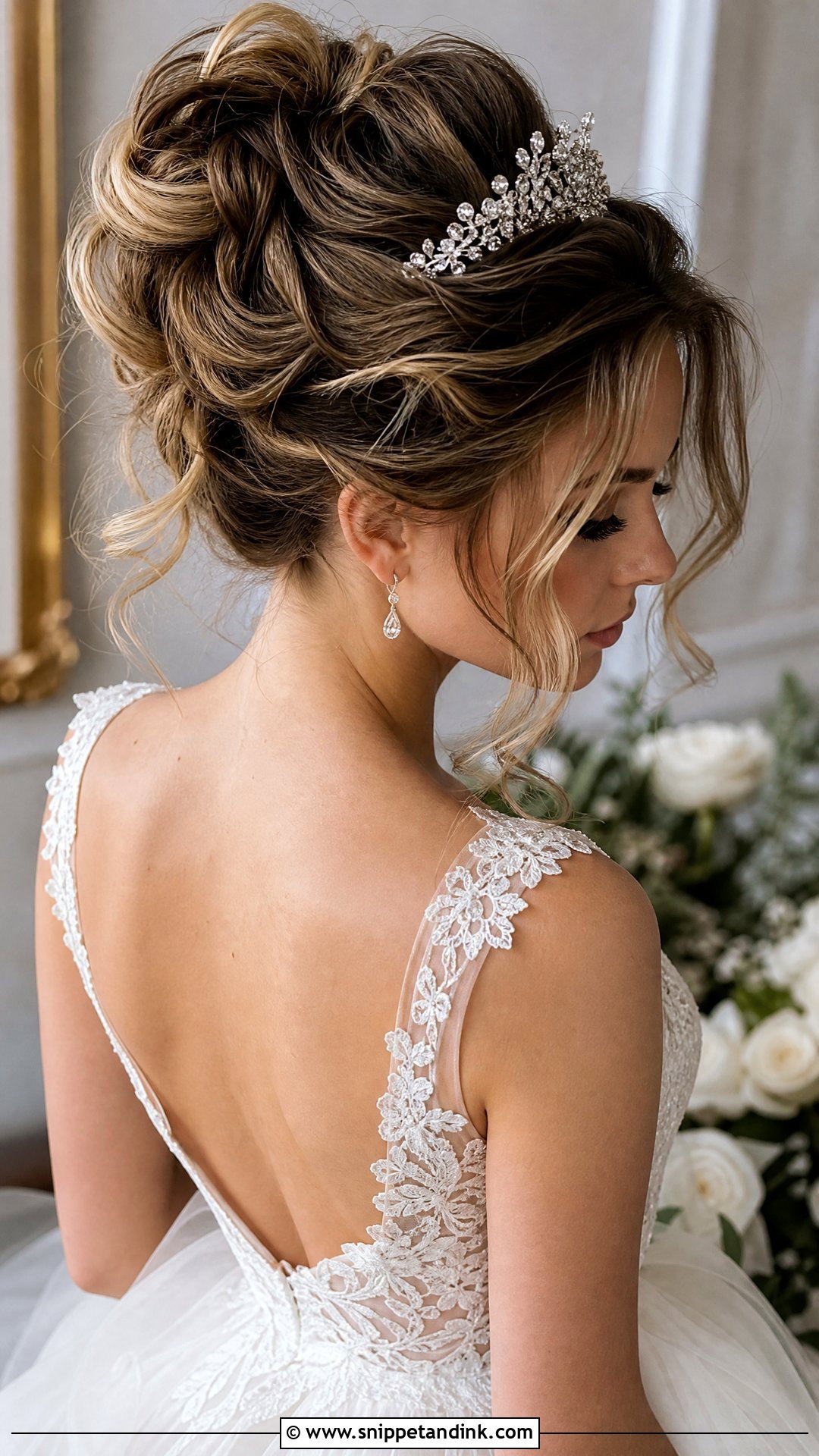 Messy Bun Wedding Hair With Tiara - Snippet and Ink - 20 Wedding Hairstyle with Tiara Ideas