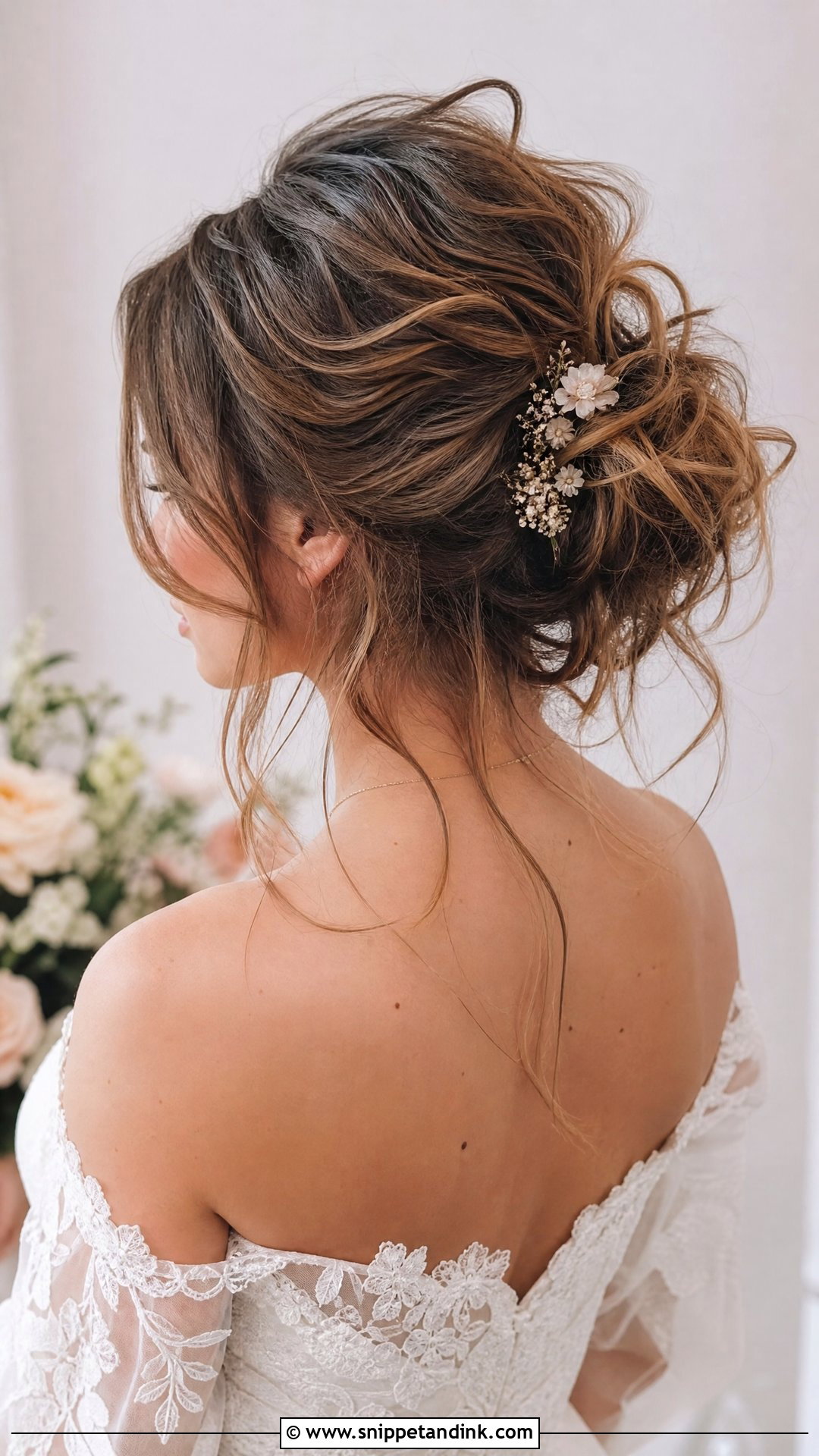 Messy Bun Wedding Hairstyle For Off The Shoulder Dress - Snippet and Ink - 20 Off the Shoulder Wedding Hairstyles
