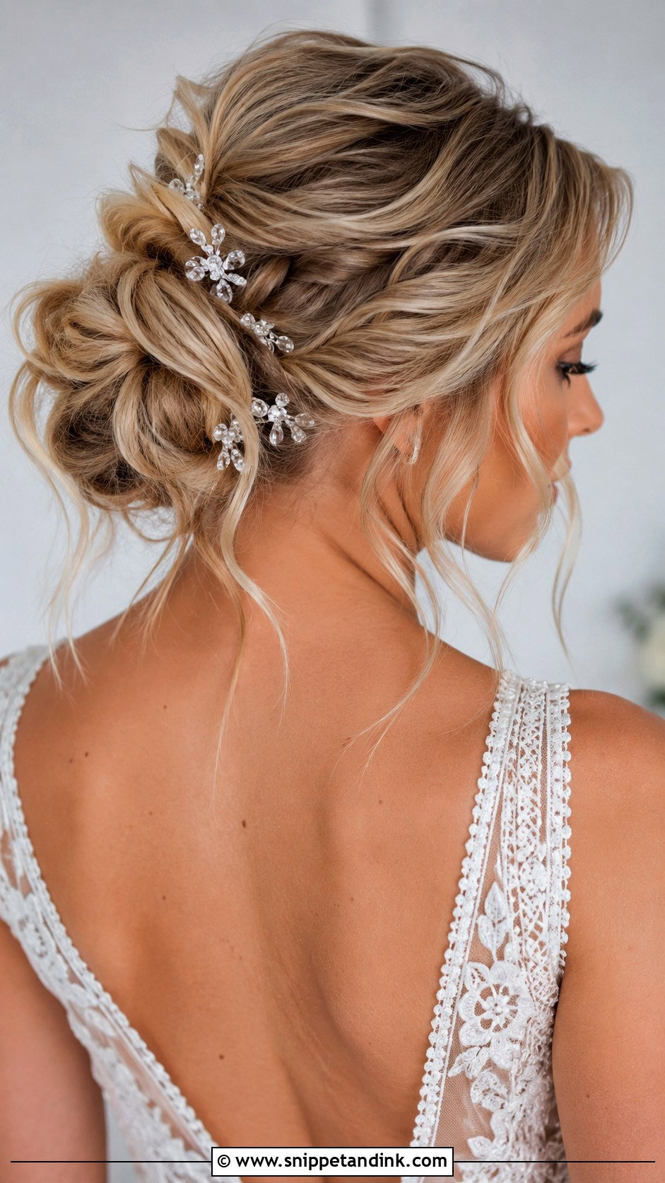 Messy Bun Wedding Hairstyle With Crystal Pins - Snippet and Ink - 15 Wedding Hairstyles with Hair Accessories