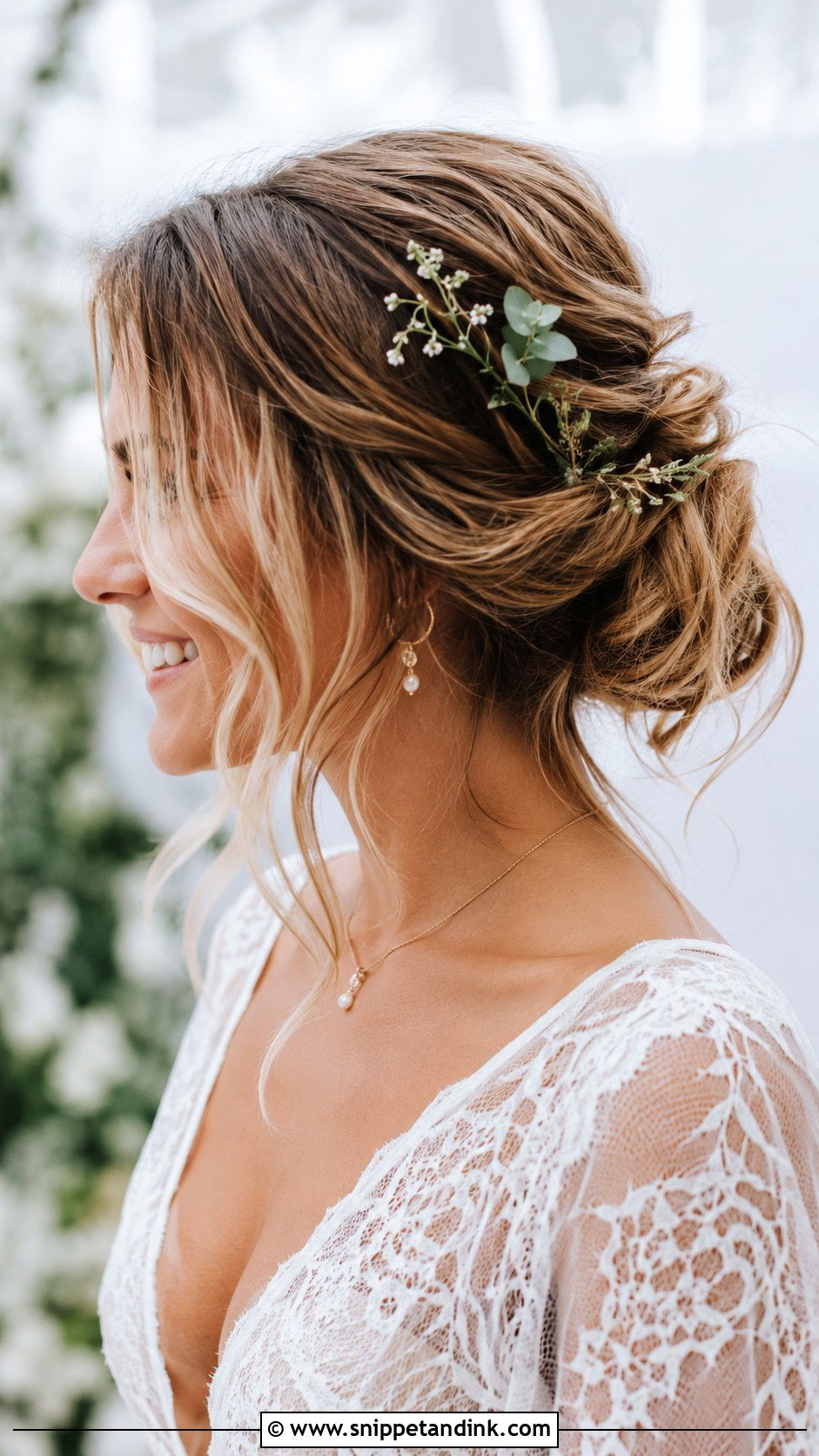 Messy Bun Wedding Hairstyle for Medium Hair - Snippet and Ink - 20 Bridal Hair for Medium Length Ideas