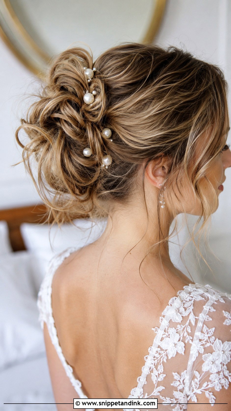 Messy Bun Wedding Updo With Pearls - Snippet and Ink - 15 Wedding Updo with Pearls Ideas
