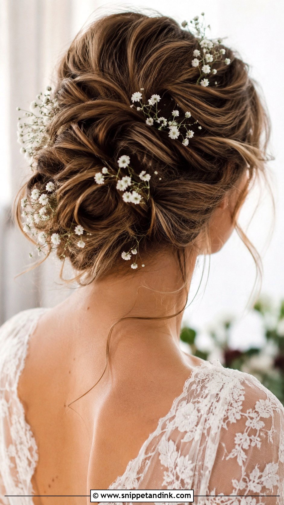 Messy Bun With Babys Breath - Snippet and Ink - 25 Messy Bun for Wedding Ideas