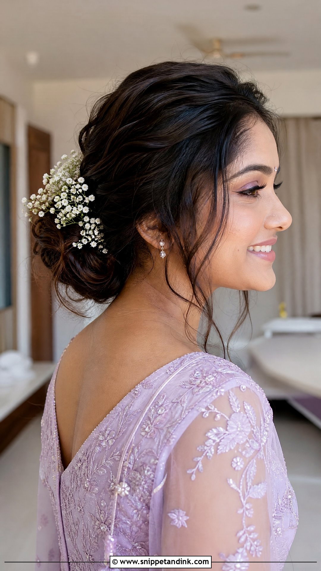 Messy Bun With Babys Breath - Snippet and Ink - 20 Mandap Hairstyle for Bride Ideas