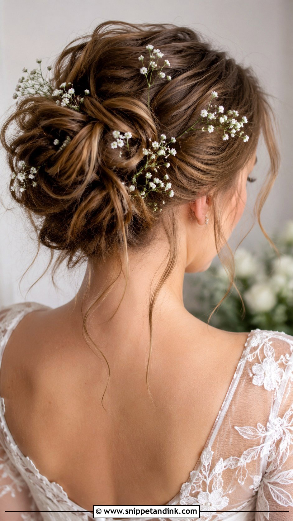 Messy Bun With Babys Breath - Snippet and Ink - 20 Messy Bun Wedding Hairstyles