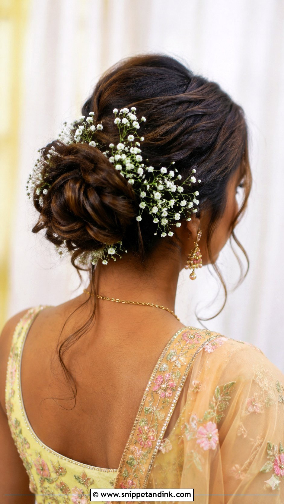 Messy Bun With Babys Breath - Snippet and Ink - 25 Indian Bridal Wedding Hairstyles