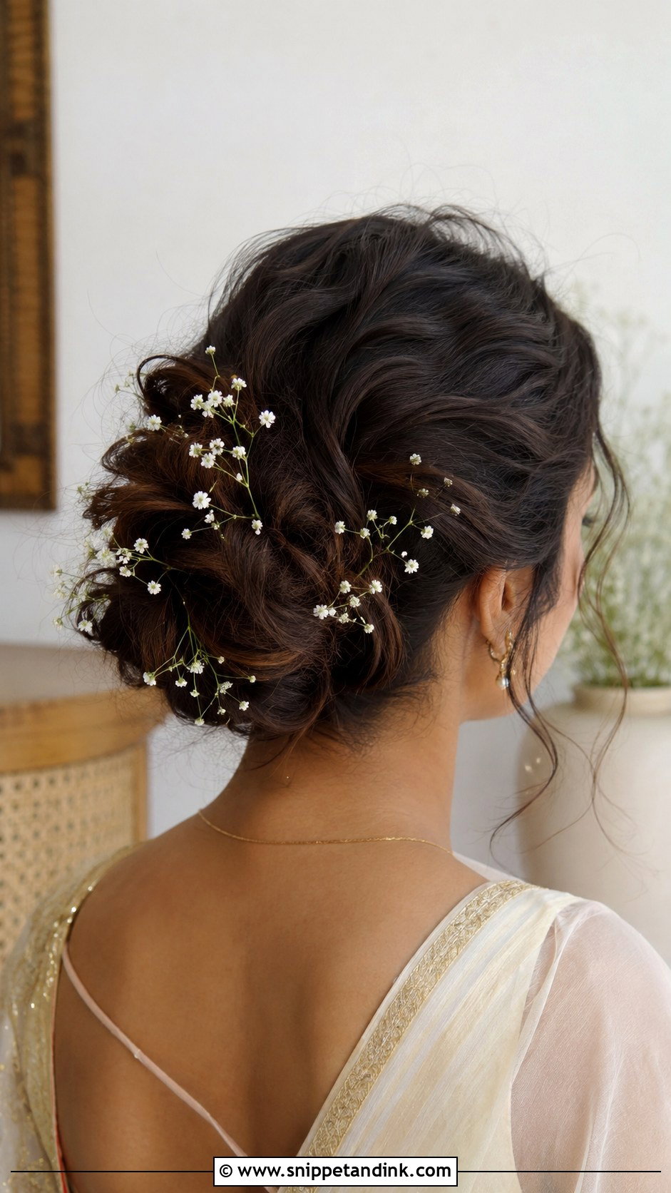 Messy Bun With Babys Breath - Snippet and Ink - 25 Indian Messy Bun Hairstyles for Wedding