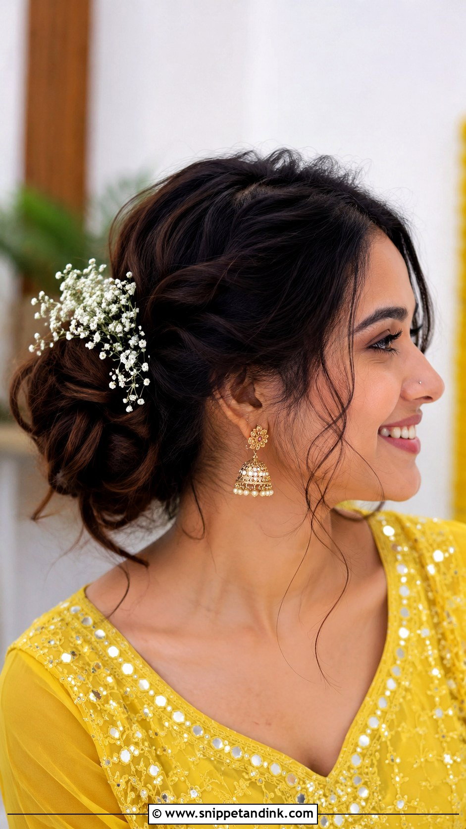 Messy Bun With Babys Breath - Snippet and Ink - 20 Desi Bridal Hair Ideas