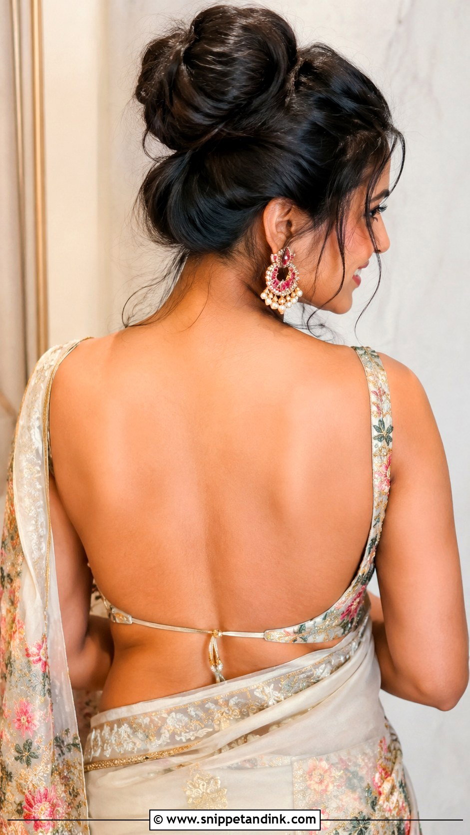 Messy Bun With Backless Blouse - Snippet and Ink - 25 Indian Messy Bun Hairstyles for Wedding