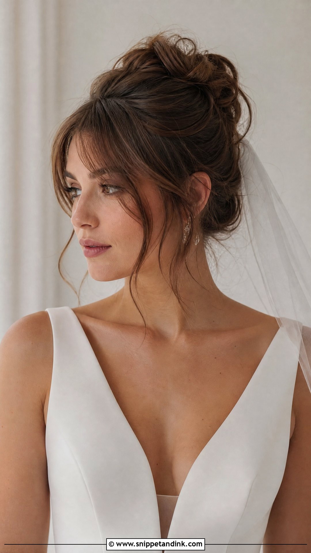 Messy Bun With Bangs for Wedding - Snippet and Ink - 20 Messy Hair Bun for Wedding Ideas