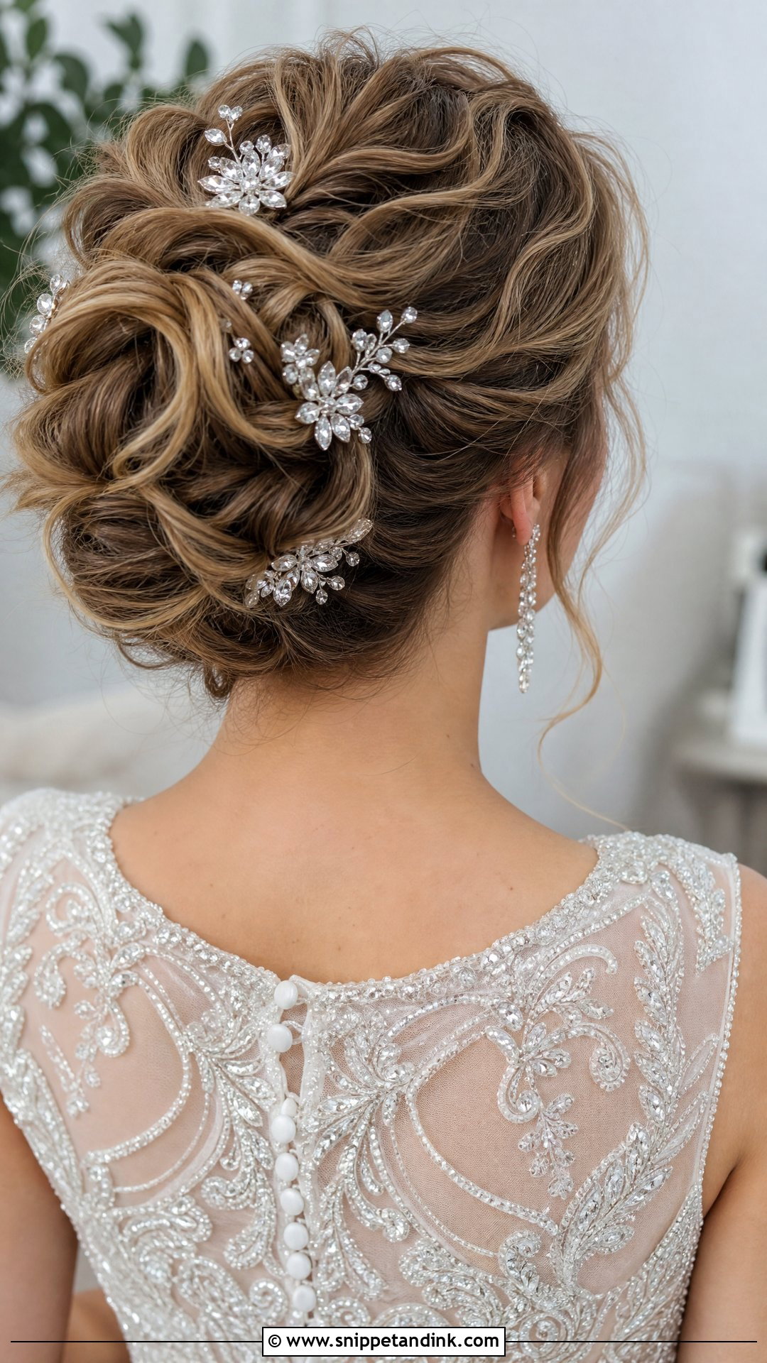 Messy Bun With Crystal Hairpins - Snippet and Ink - 20 Messy Bun Bridal Hair Ideas