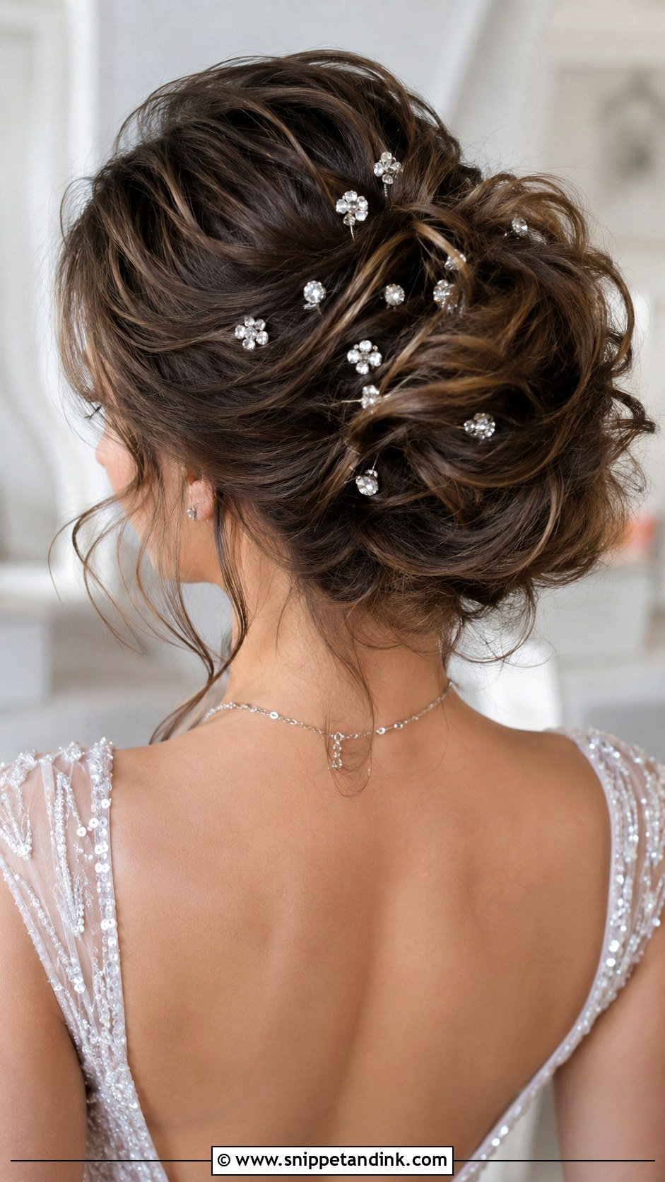 Messy Bun With Crystal Pins - Snippet and Ink - 25 Messy Bun for Wedding Ideas