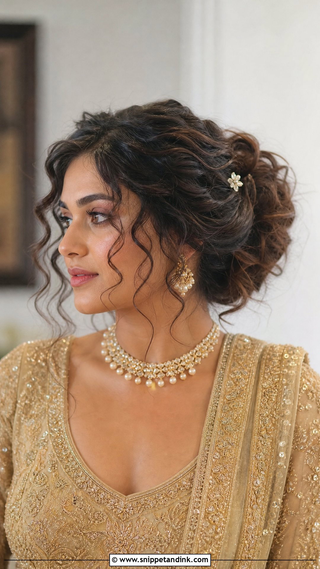 Messy Bun With Curly Tendrils - Snippet and Ink - 20 Barat Bridal Hairstyle Ideas