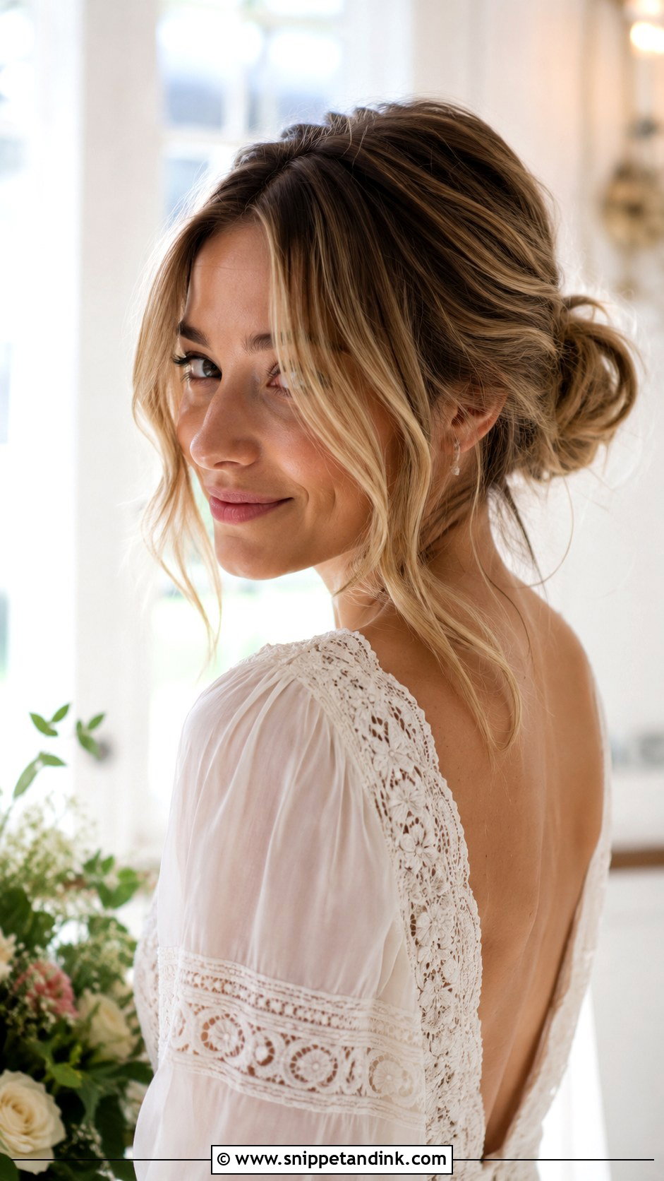 Messy Bun With Curtain Bangs - Snippet and Ink - 20 Bridal Hairstyle for Big Forehead Ideas