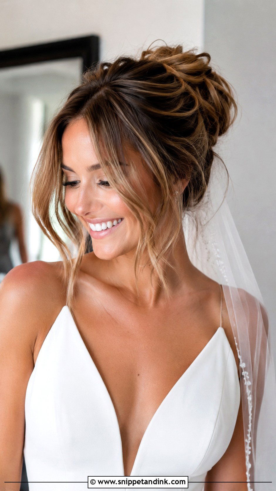 Messy Bun With Curtain Bangs - Snippet and Ink - 25 Messy Bun Hairstyles for Wedding