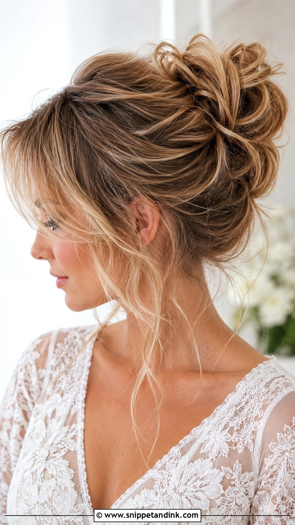 Messy Bun With Curtain Bangs - Snippet and Ink - 20 Bridal Hair with Curtain Bangs