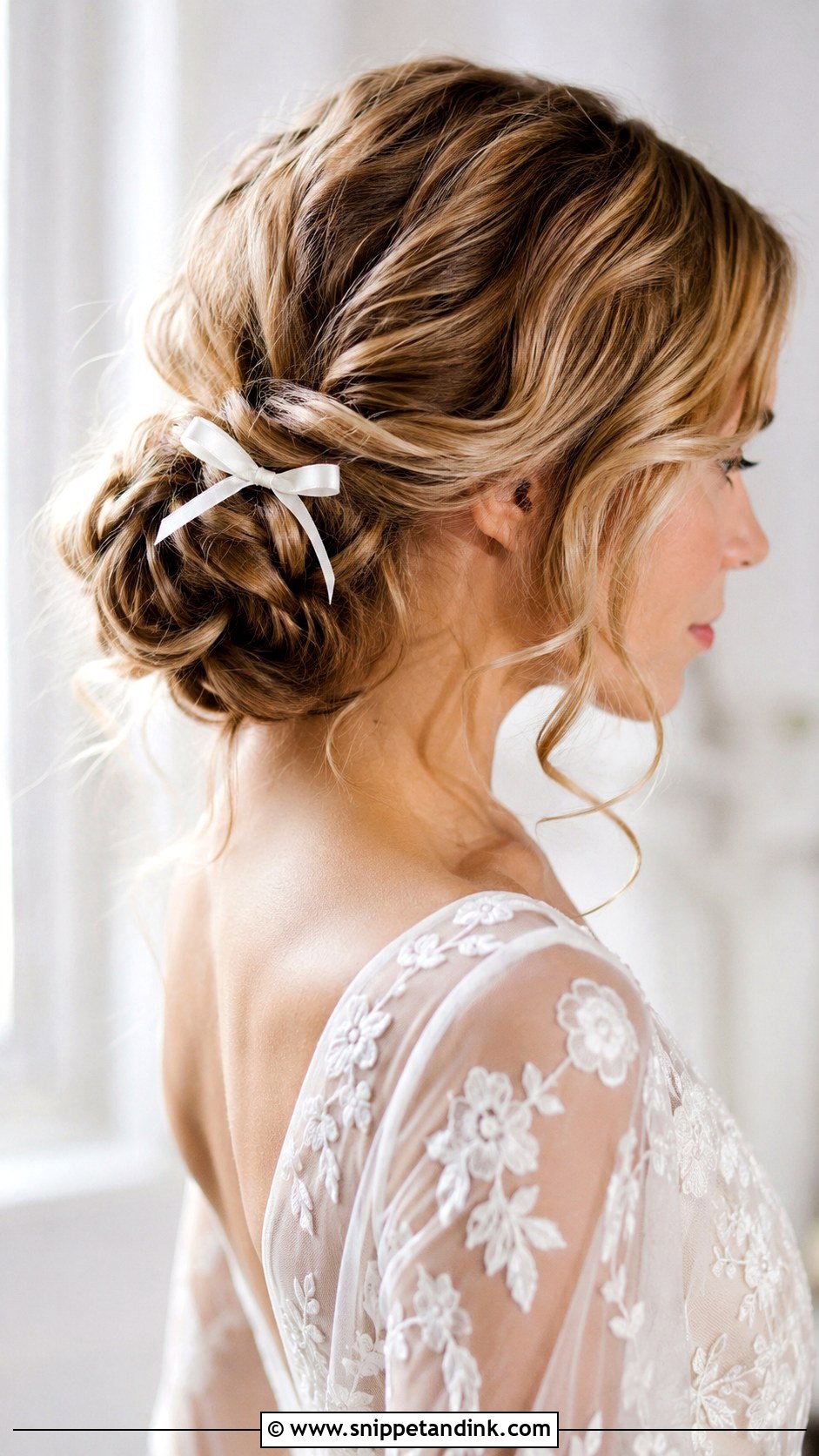 Messy Bun With Delicate Bow - Snippet and Ink - 20 Wedding Hairstyles with Bow