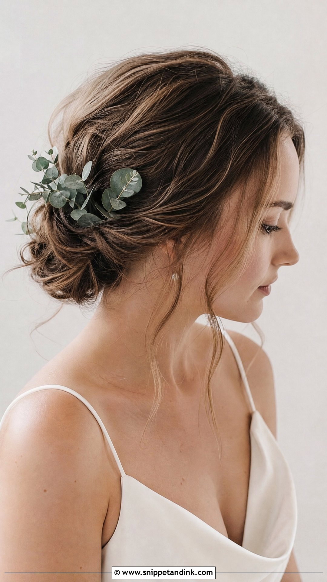 Messy Bun With Eucalyptus Sprigs - Snippet and Ink - 20 Bridal Hairstyles with Flowers