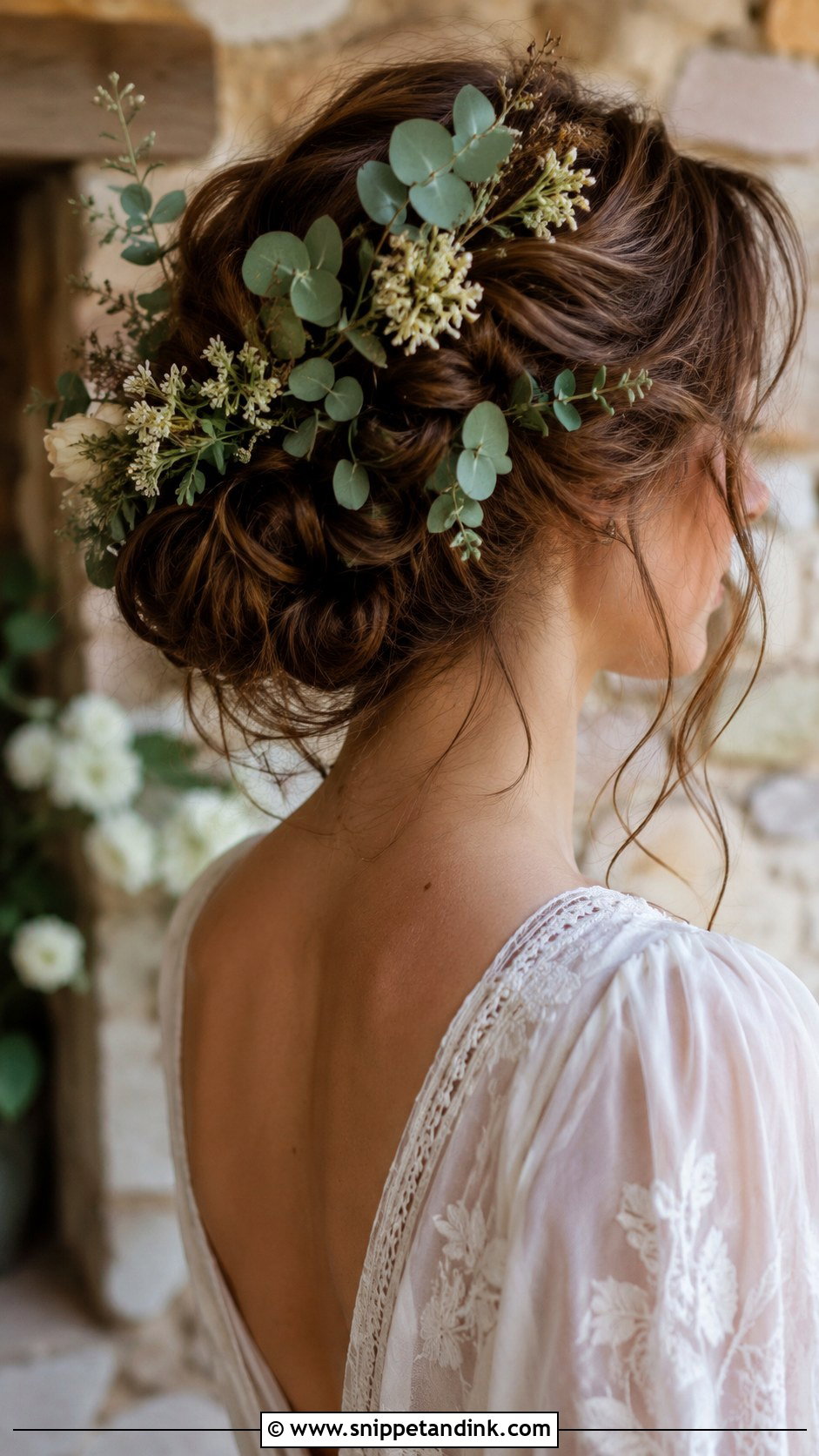 Messy Bun With Eucalyptus and Flowers - Snippet and Ink - 25 Wedding Hair with Flowers