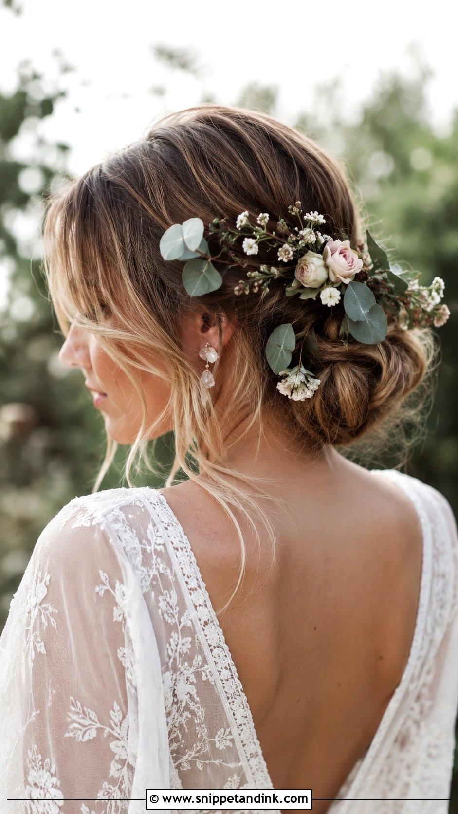 Messy Bun With Eucalyptus and Flowers - Snippet and Ink - 20 Bride Hairstyles with Flowers