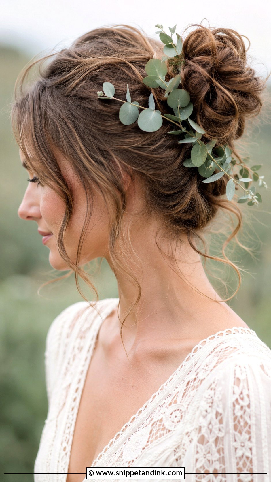 Messy Bun With Eucalyptus - Snippet and Ink - 25 Wedding Hairstyles with Flowers