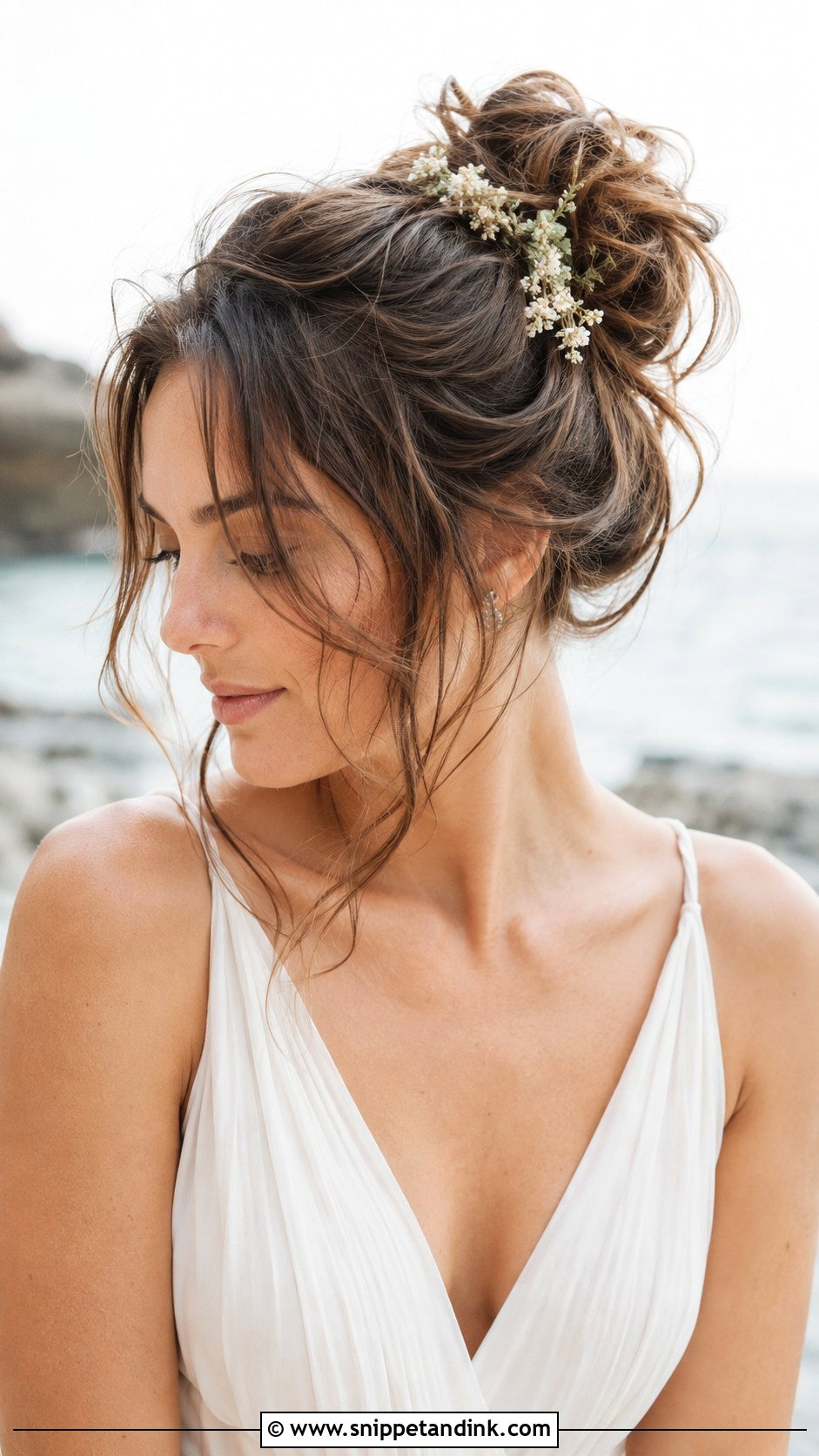 Messy Bun With Face Framing Pieces - Snippet and Ink - 20 Beachy Wedding Hair Ideas