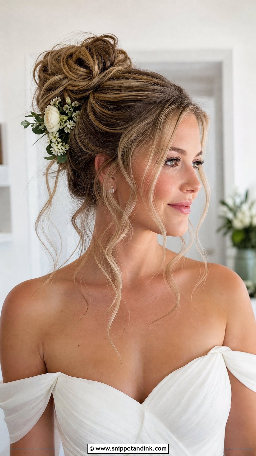 Messy Bun With Face Framing Tendrils - Snippet and Ink - 20 Wedding Hairstyles for Big Foreheads