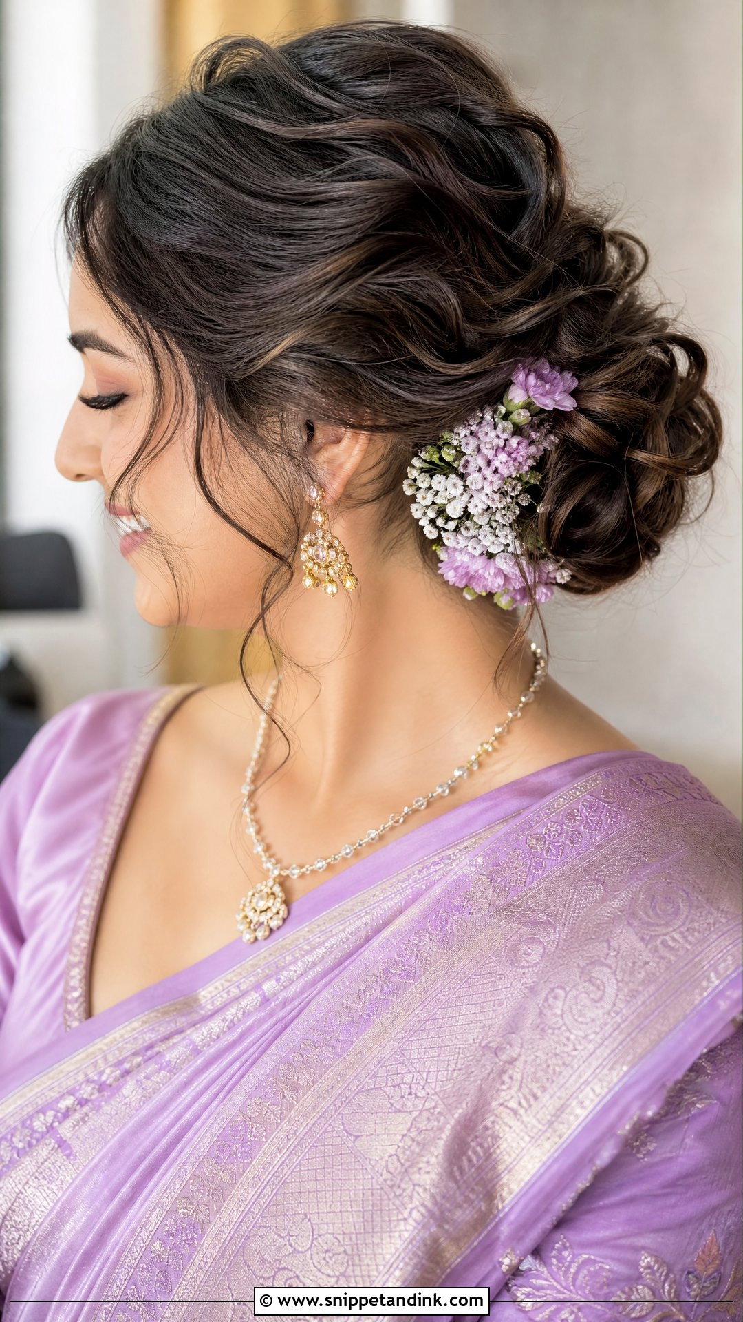 Messy Bun With Floral Accents - Snippet and Ink - 20 Bridal Muhurtham Hairstyle Ideas