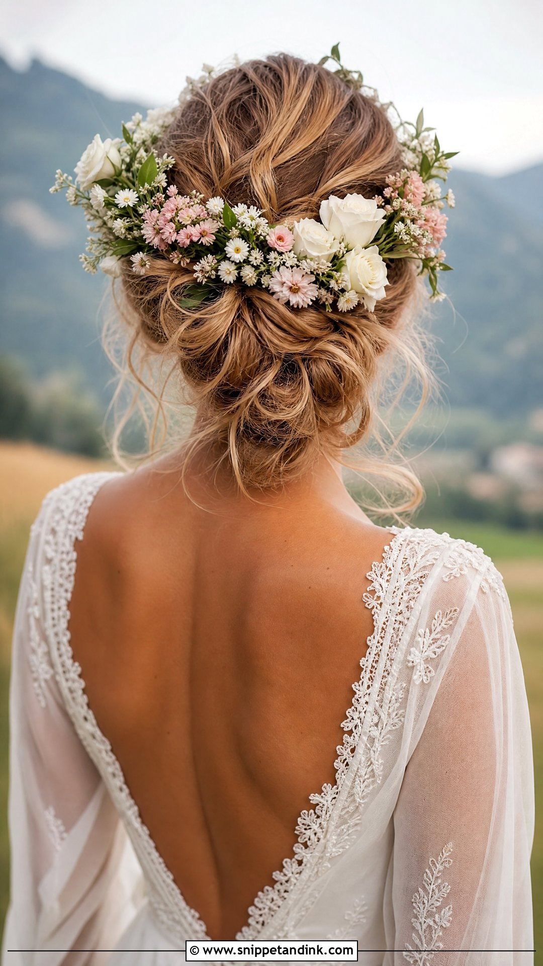 Messy Bun With Floral Crown - Snippet and Ink - 20 Messy Bridal Bun Ideas