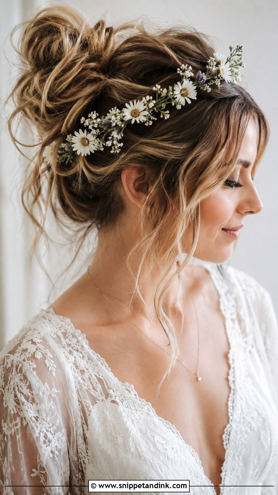 Messy Bun With Floral Crown - Snippet and Ink - 20 Wedding Hair with Crown Ideas