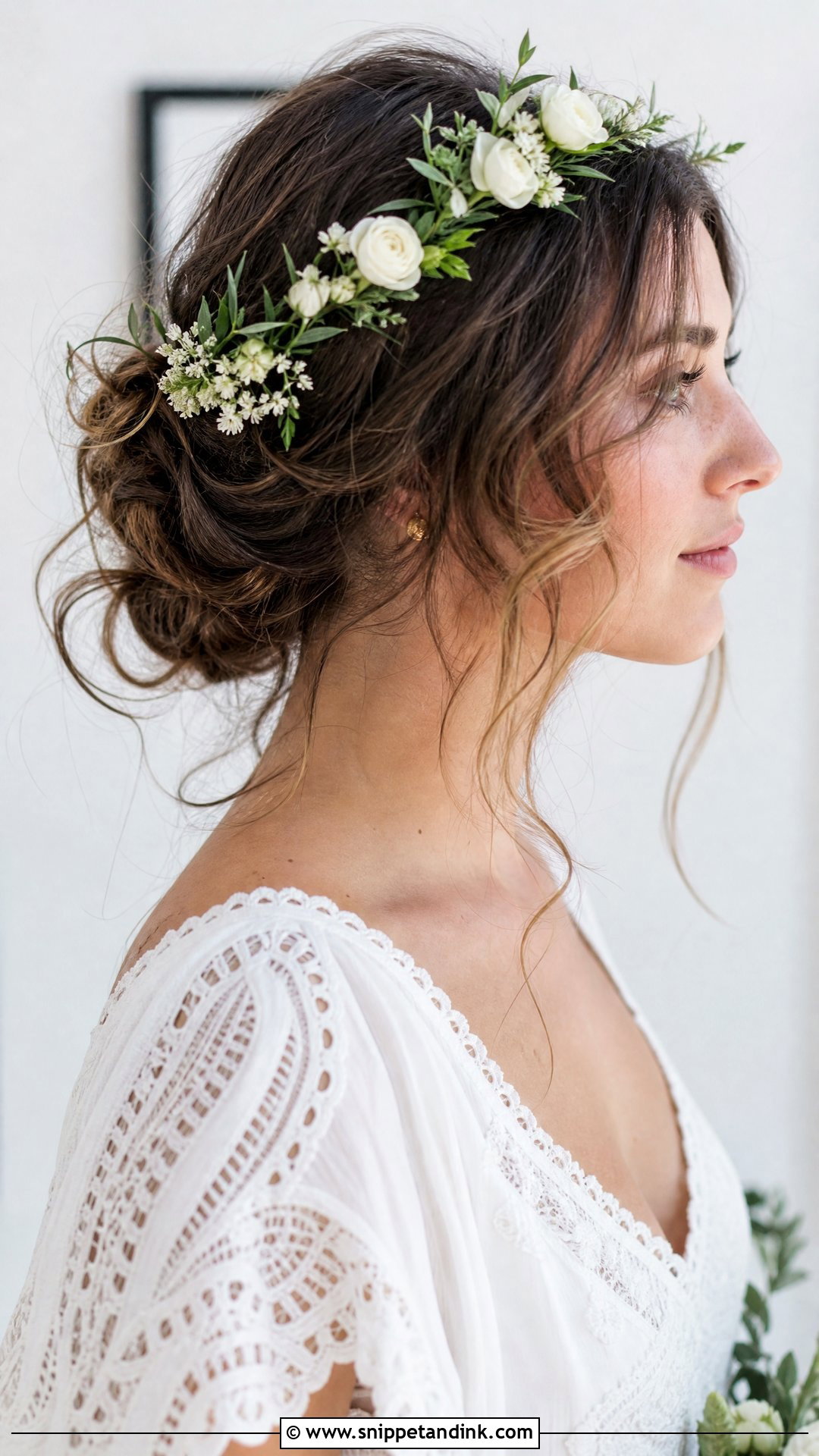Messy Bun With Floral Crown - Snippet and Ink - 20 Christian Bride Hairstyle with Crown Ideas