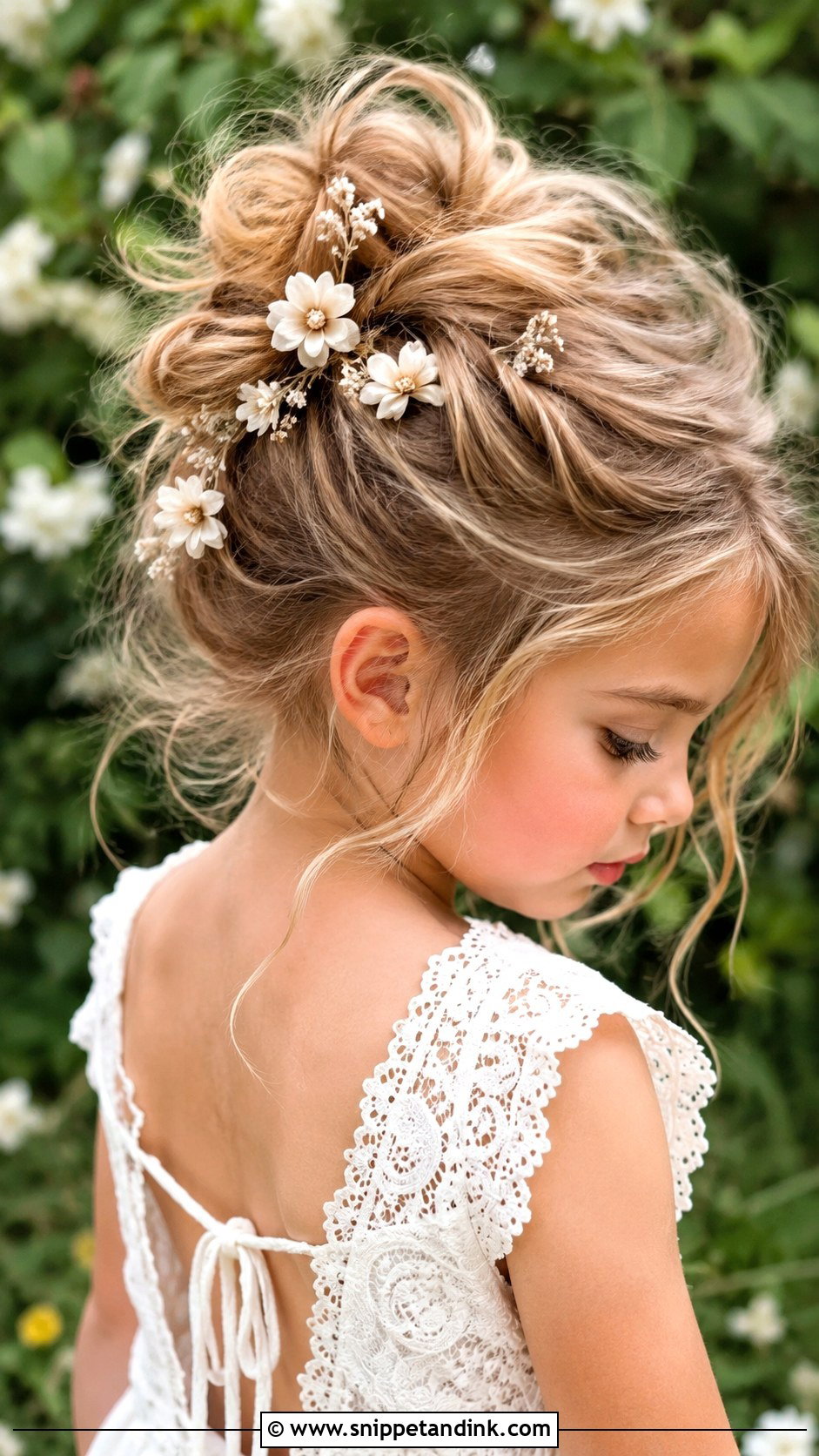 Messy Bun With Floral Pins - Snippet and Ink - 25 Flowergirls Hairstyle Ideas