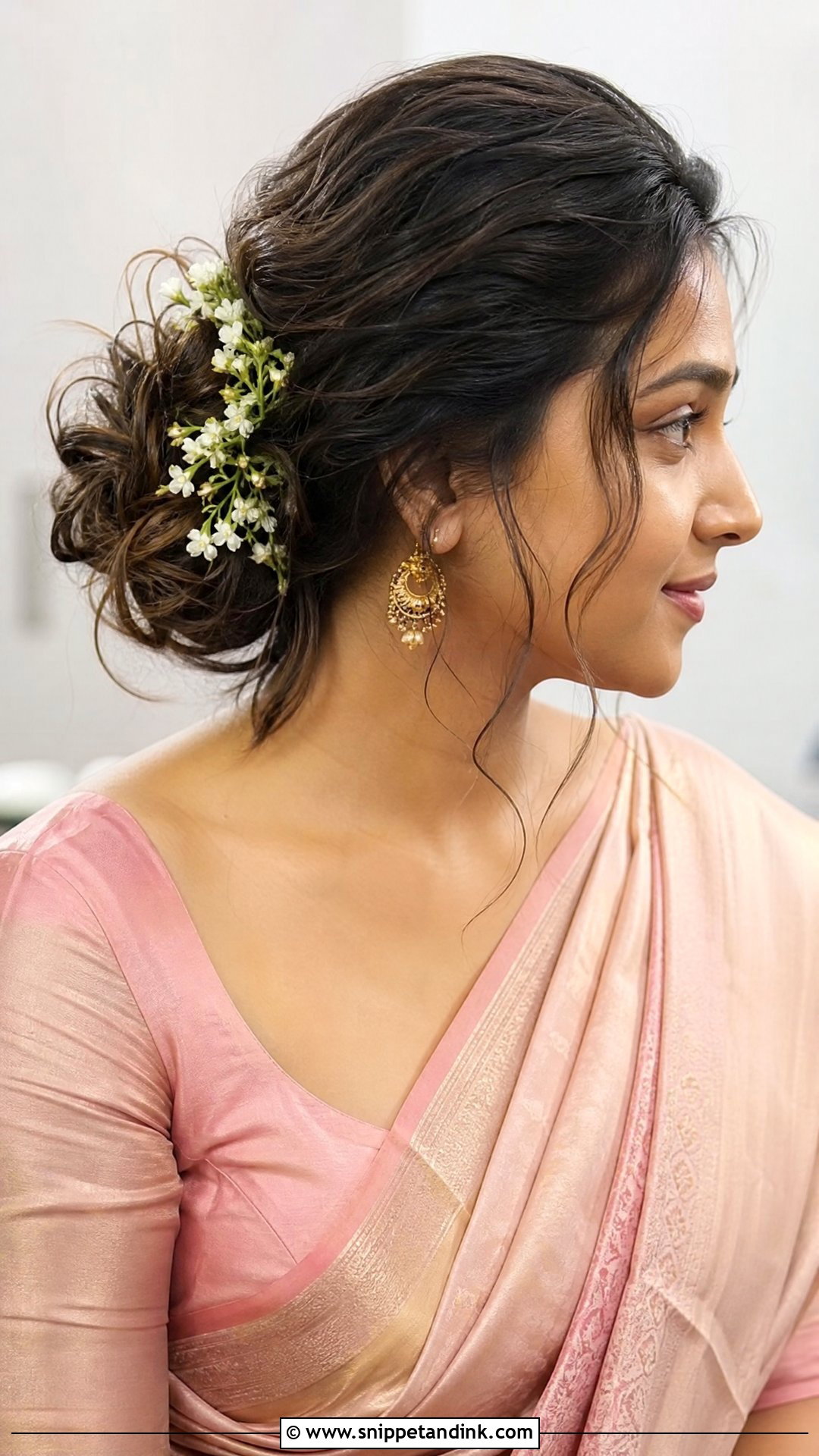 Messy Bun With Floral Touches - Snippet and Ink - 20 Tamil Bridal Hairstyles