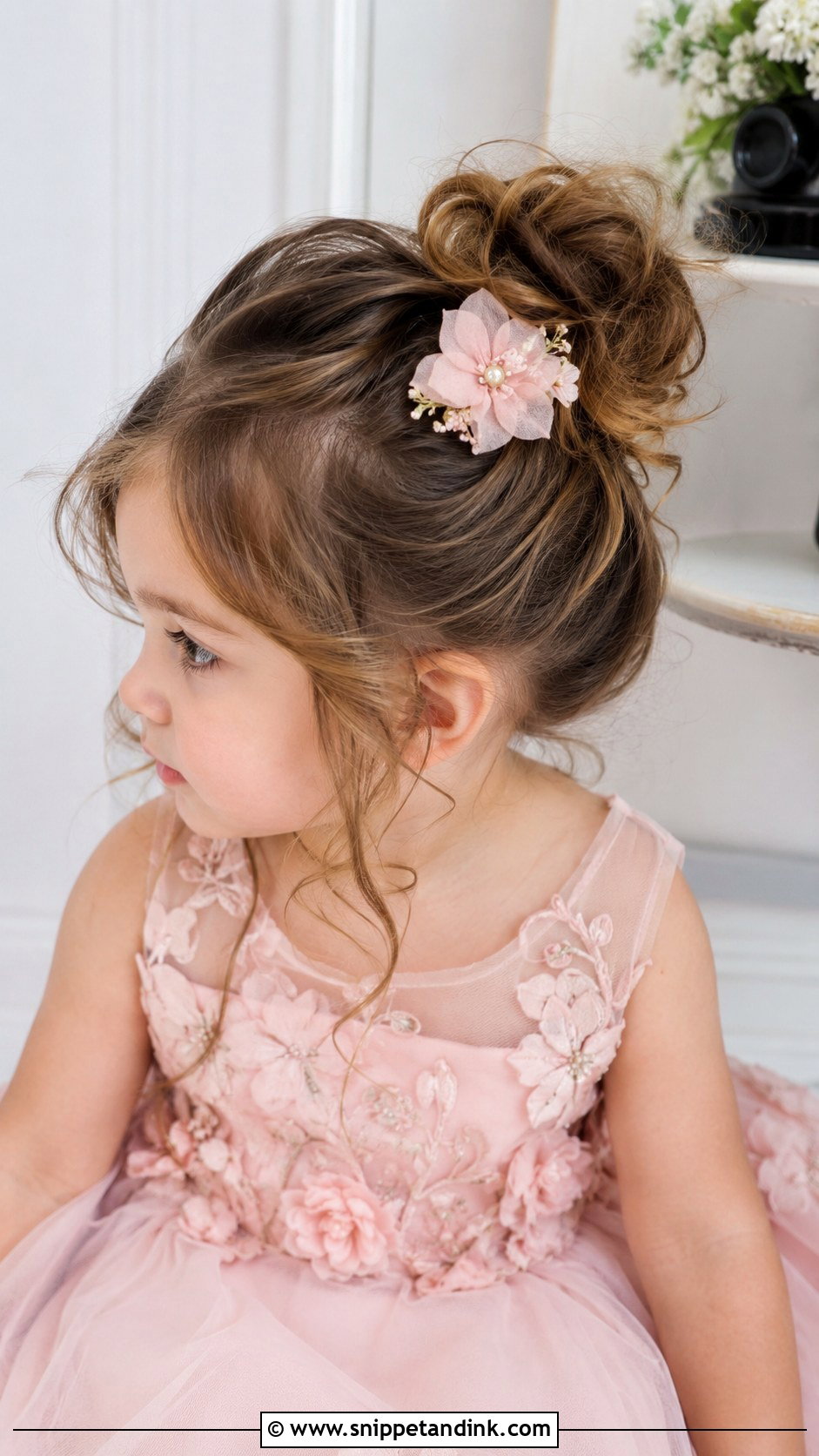 Messy Bun With Flower Clip - Snippet and Ink - 25 Toddler Wedding Hairstyles