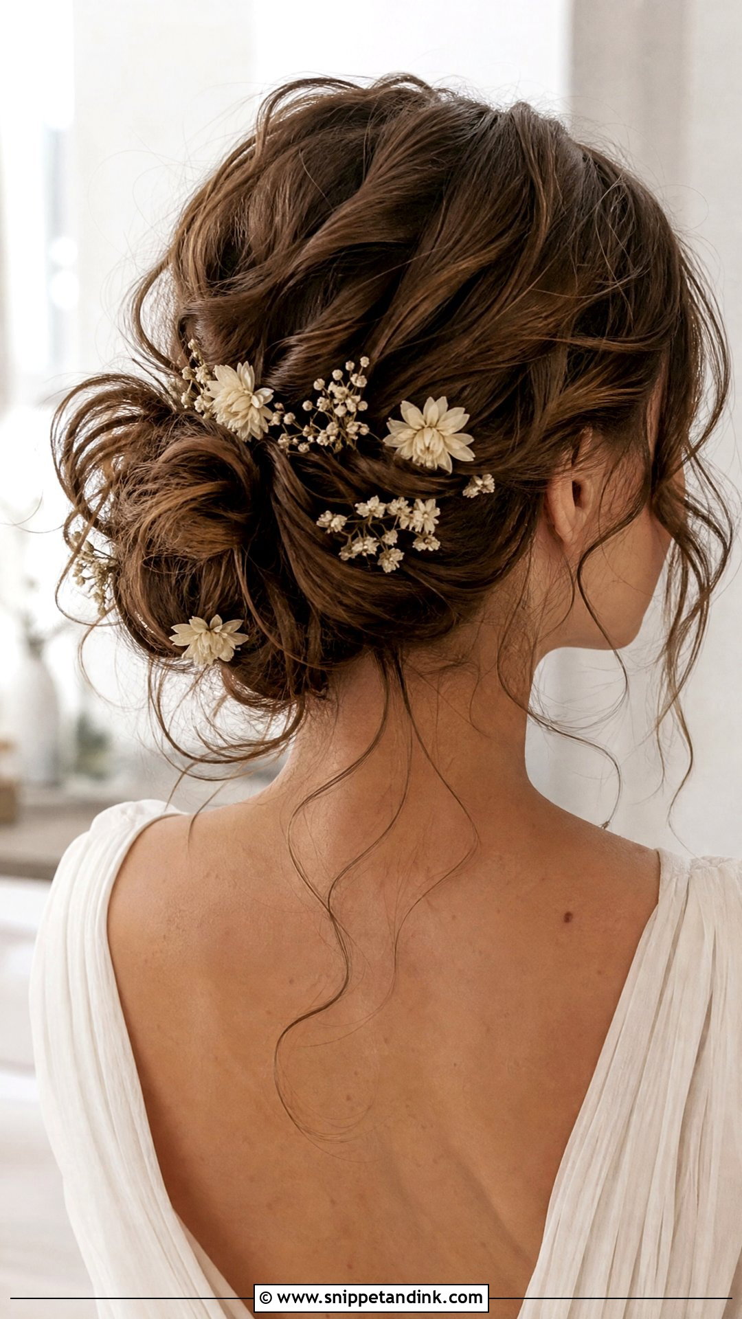 Messy Bun With Flower Hair Pins - Snippet and Ink - 15 Flower Hair Pins Wedding Ideas