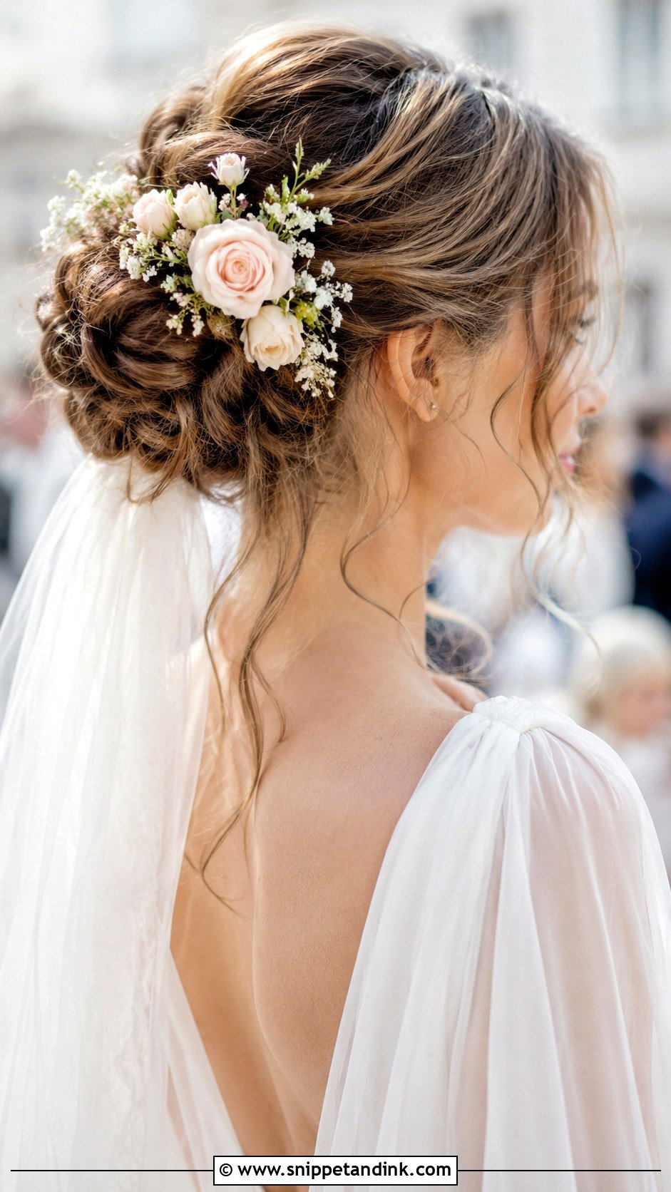 Messy Bun With Flowers - Snippet and Ink - 25 Messy Bun Wedding Hair Ideas