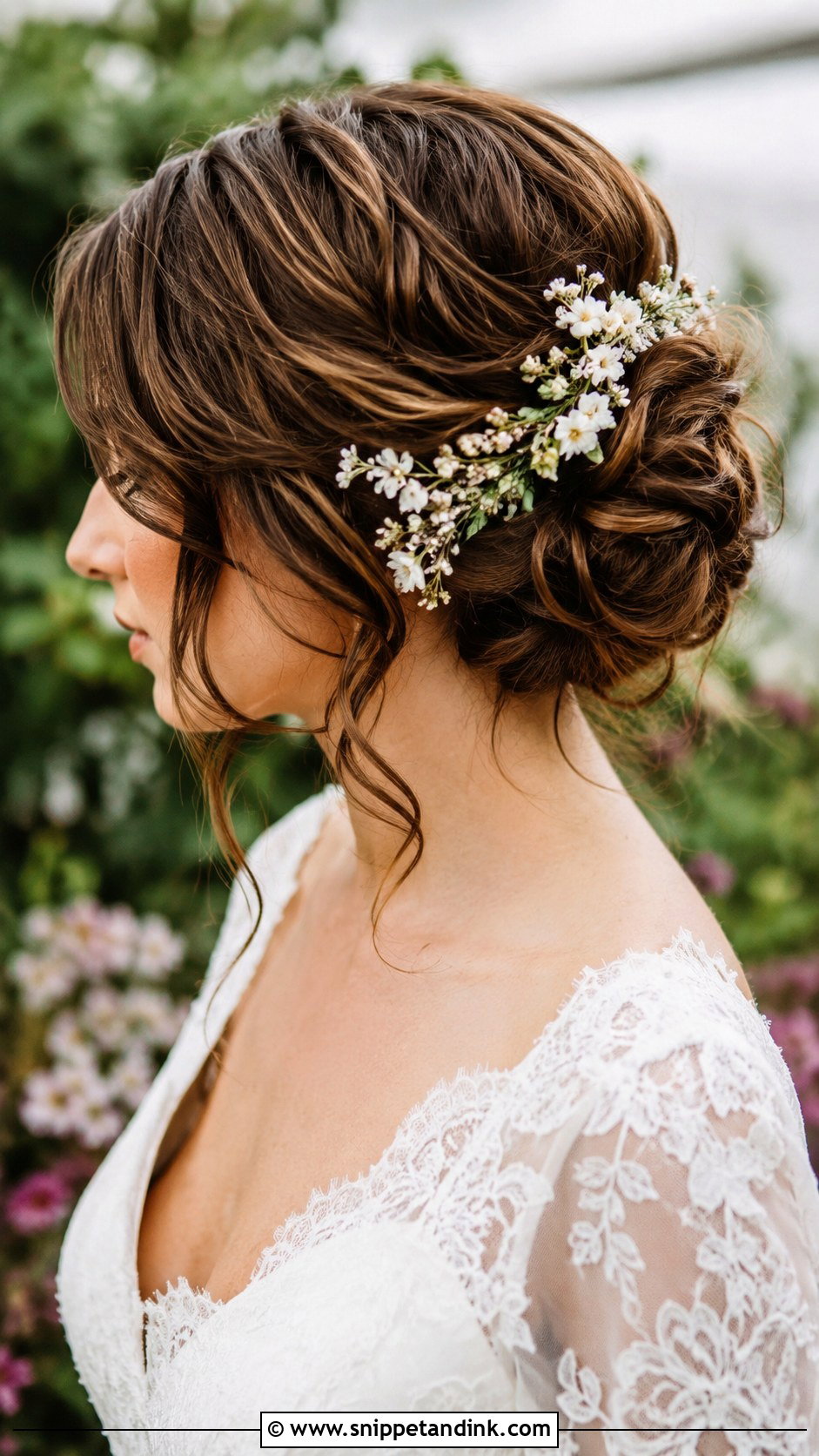 Messy Bun With Flowers For Short Hair Wedding - Snippet and Ink - 15 Messy Bun for Short Hair Wedding Ideas