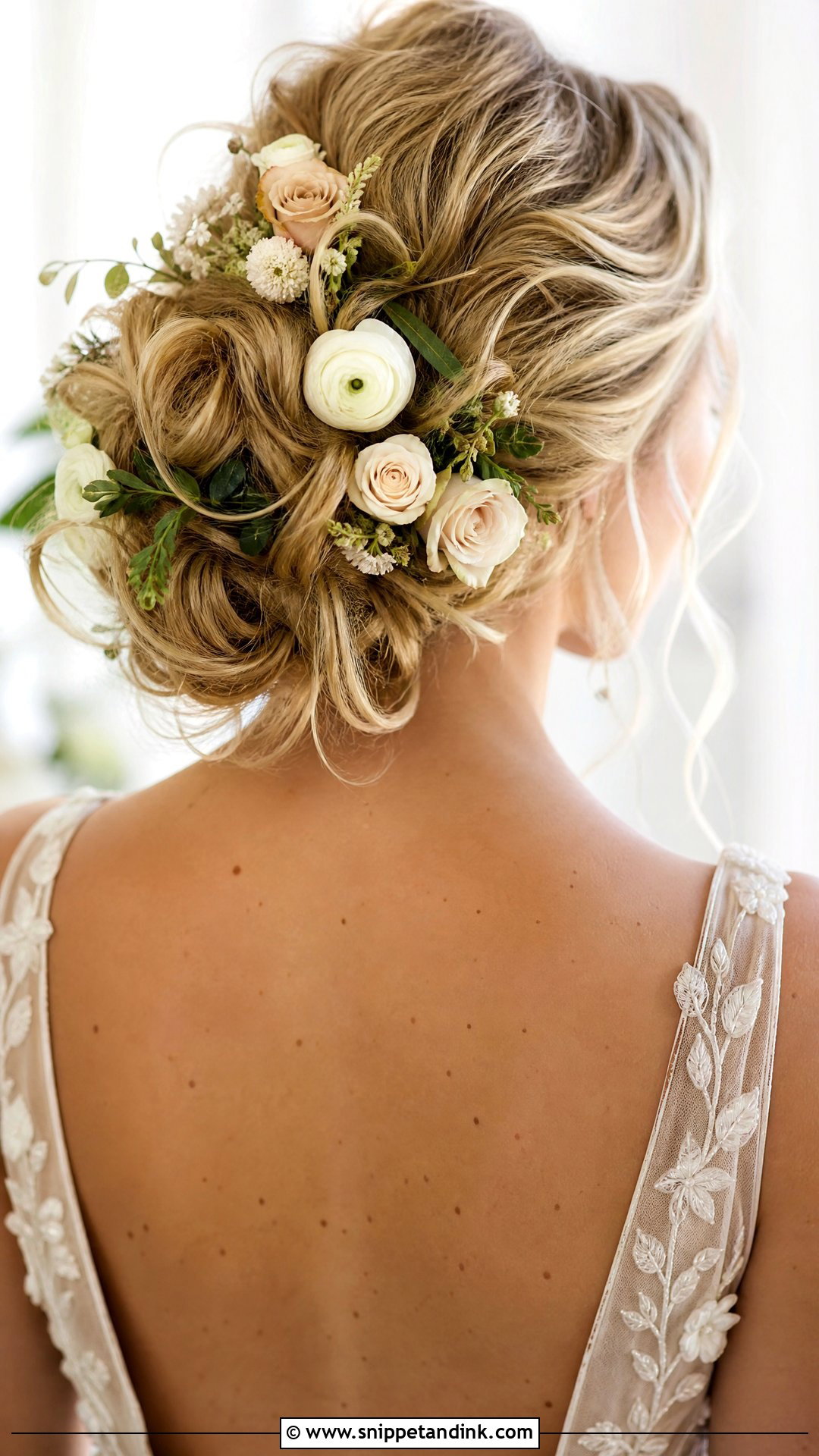 Messy Bun With Flowers for Wedding - Snippet and Ink - 20 Messy Hair Bun for Wedding Ideas
