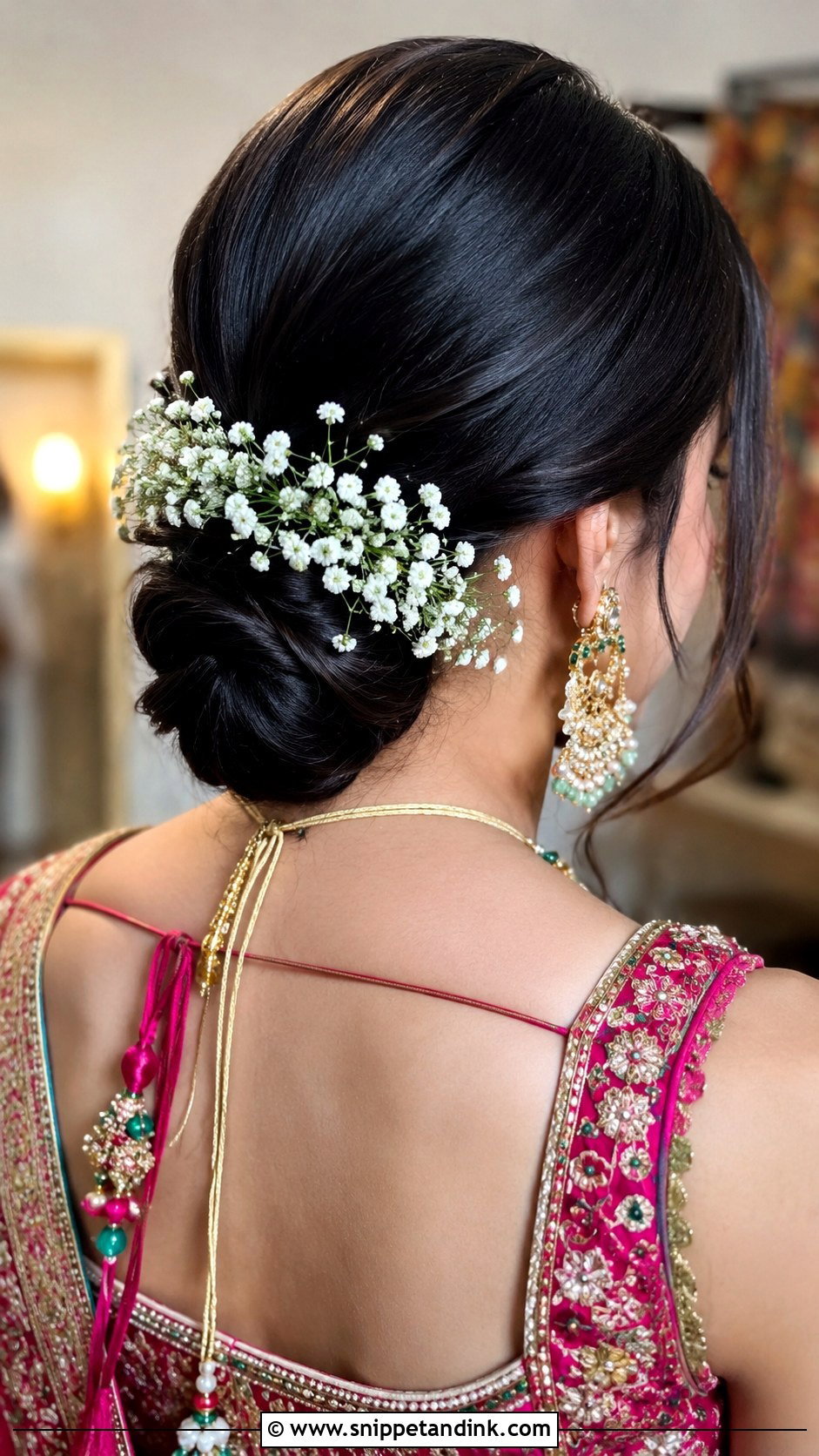 Messy Bun With Fresh Flowers - Snippet and Ink - 20 Mehendi Bride Hairstyle Ideas