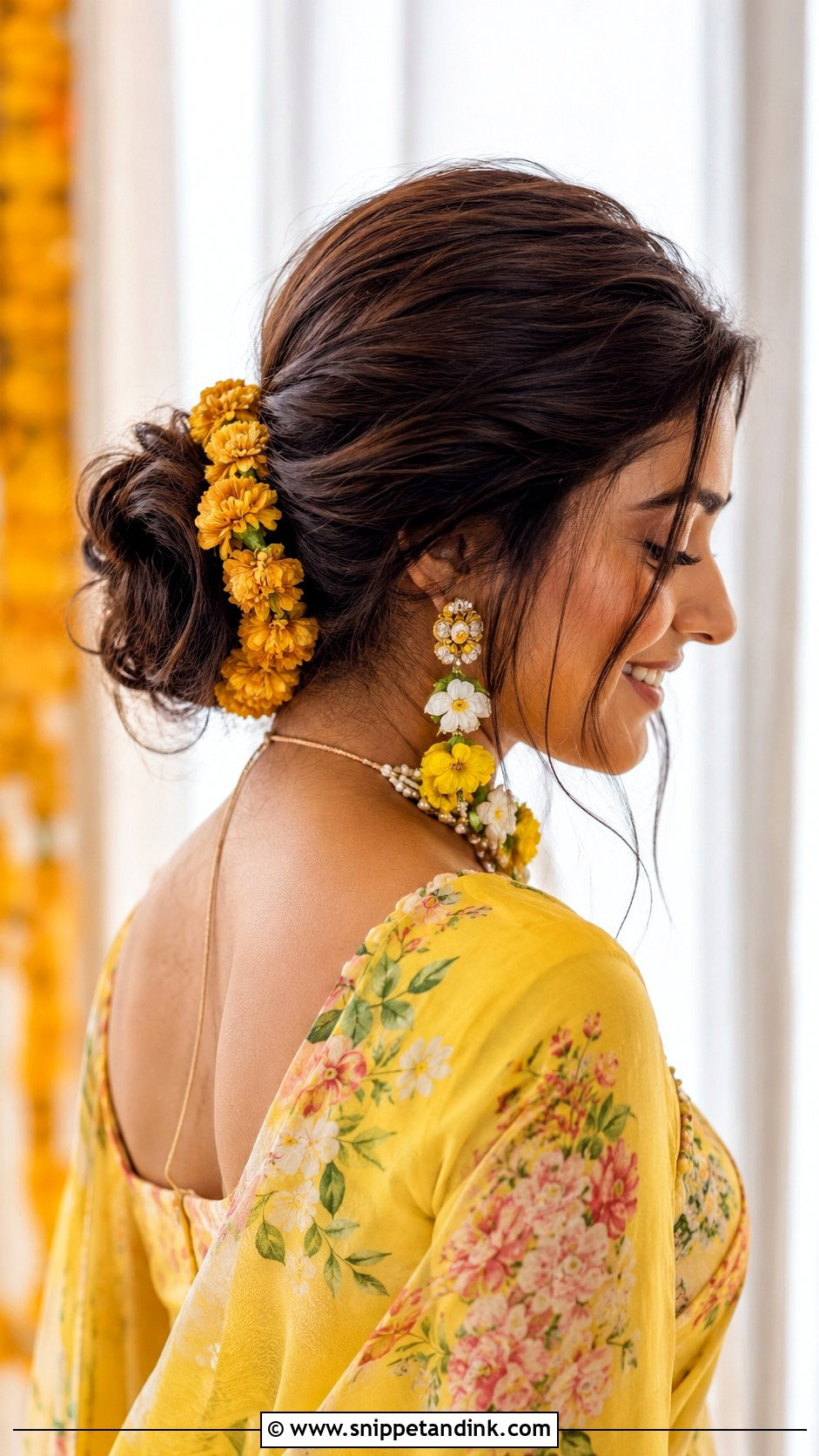 Messy Bun With Gajra - Snippet and Ink - 25 Haldi Ceremony Hairstyle for Bride Ideas