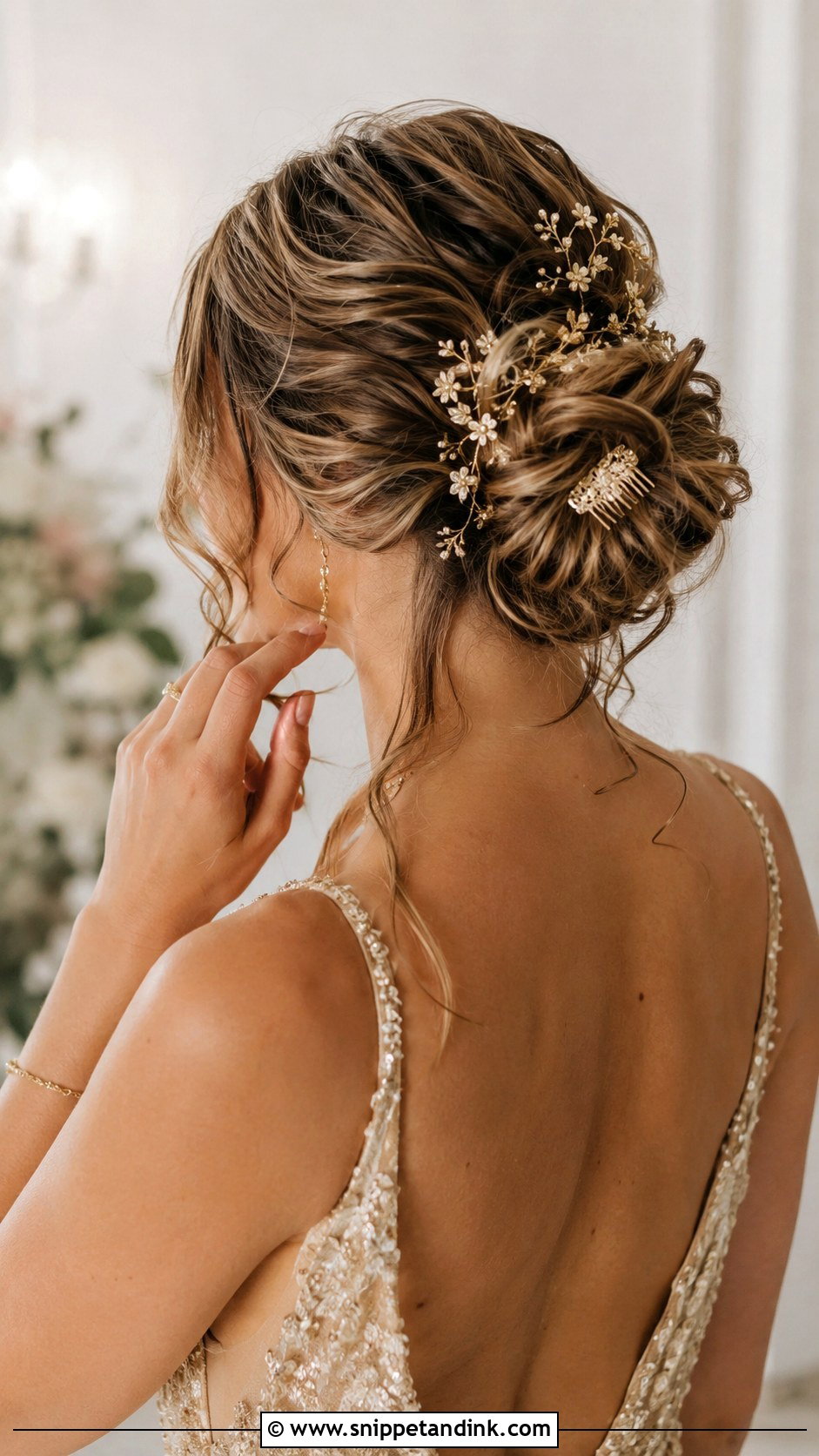 Messy Bun With Gold Accessories - Snippet and Ink - 25 Messy Bun Hairstyles for Wedding