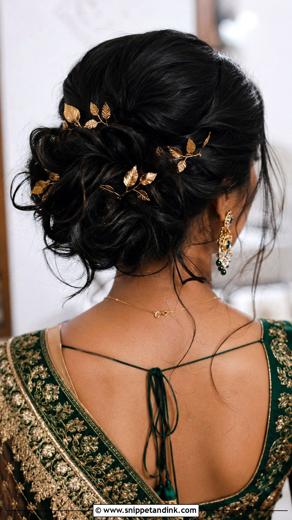 Messy Bun With Gold Leaves - Snippet and Ink - 25 Indian Messy Bun Hairstyles for Wedding