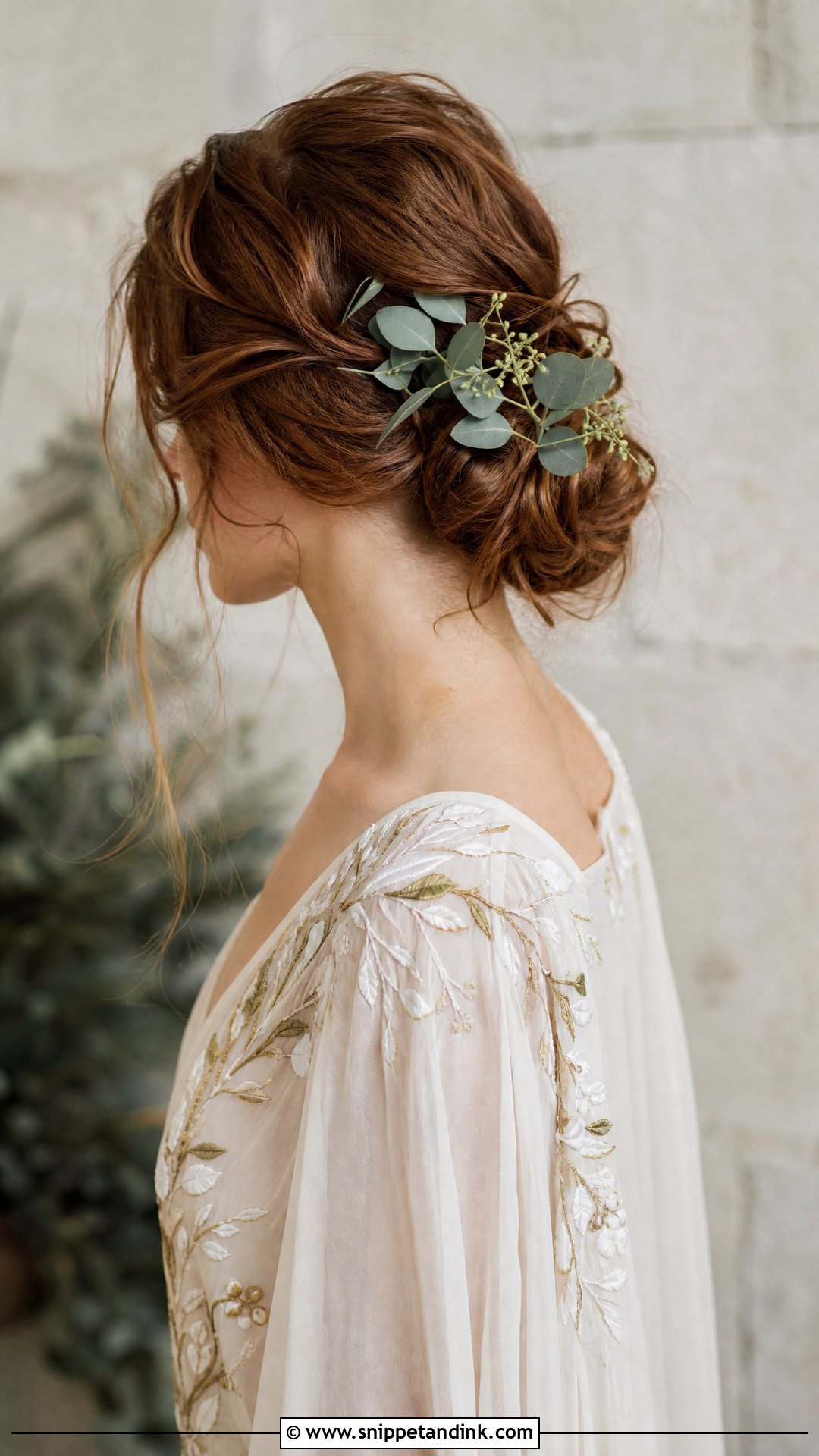 Messy Bun With Greenery for Wedding - Snippet and Ink - 20 Messy Hair Bun for Wedding Ideas
