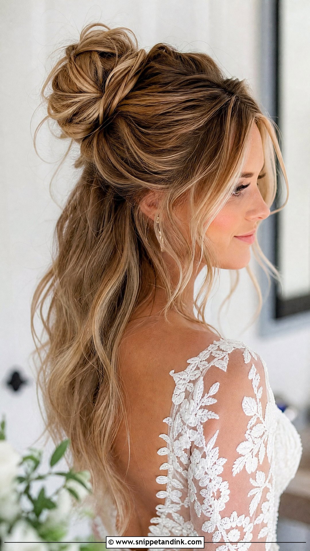 Messy Bun With Half Up Half Down for Wedding - Snippet and Ink - 20 Messy Hair Bun for Wedding Ideas