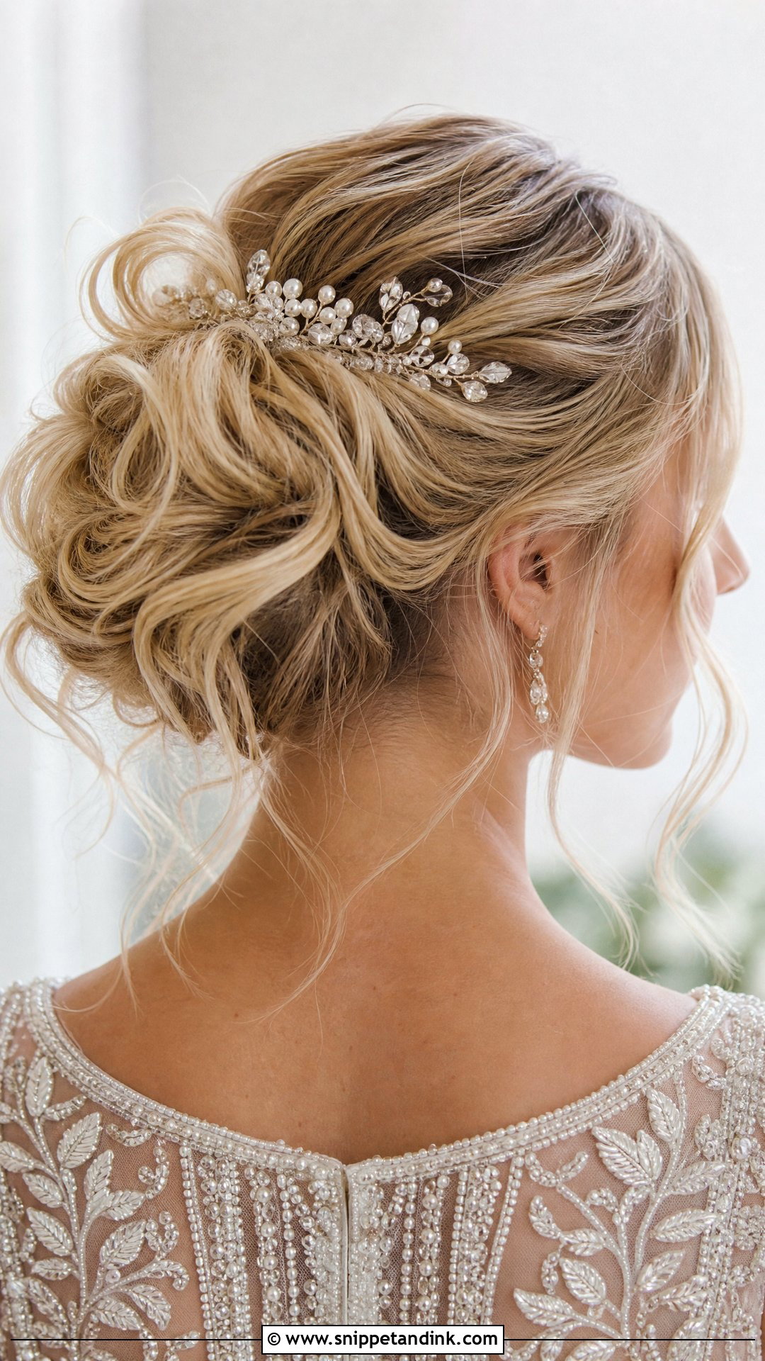 Messy Bun With Headpiece for Wedding - Snippet and Ink - 20 Messy Hair Bun for Wedding Ideas