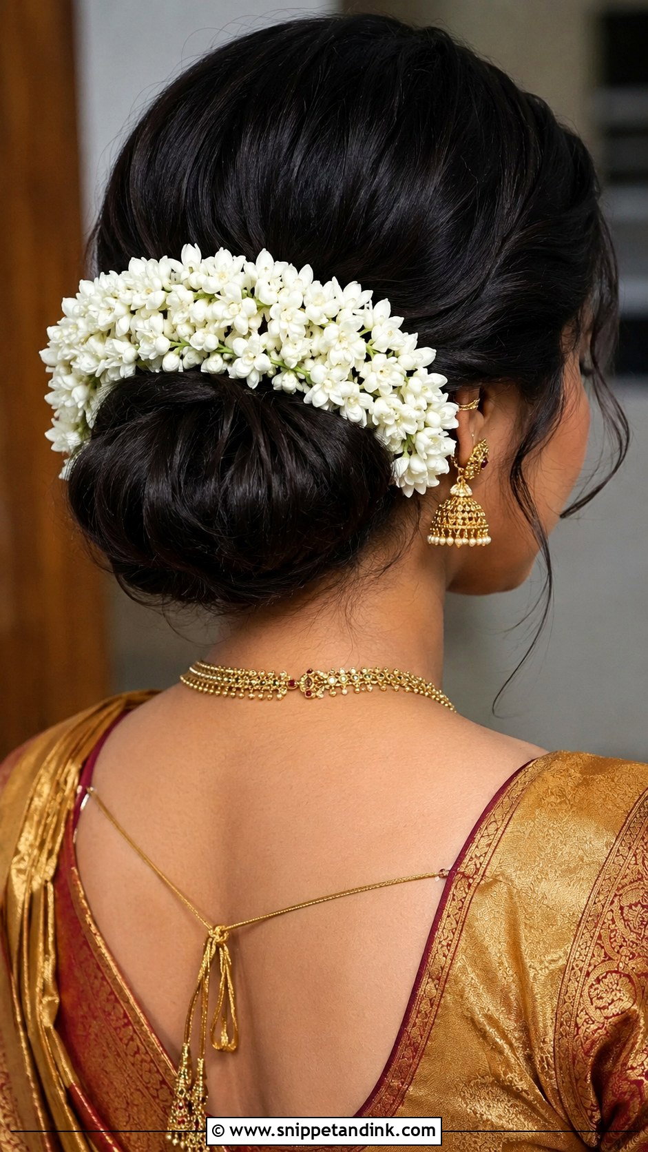 Messy Bun With Jasmine Crown - Snippet and Ink - 25 Indian Messy Bun Hairstyles for Wedding