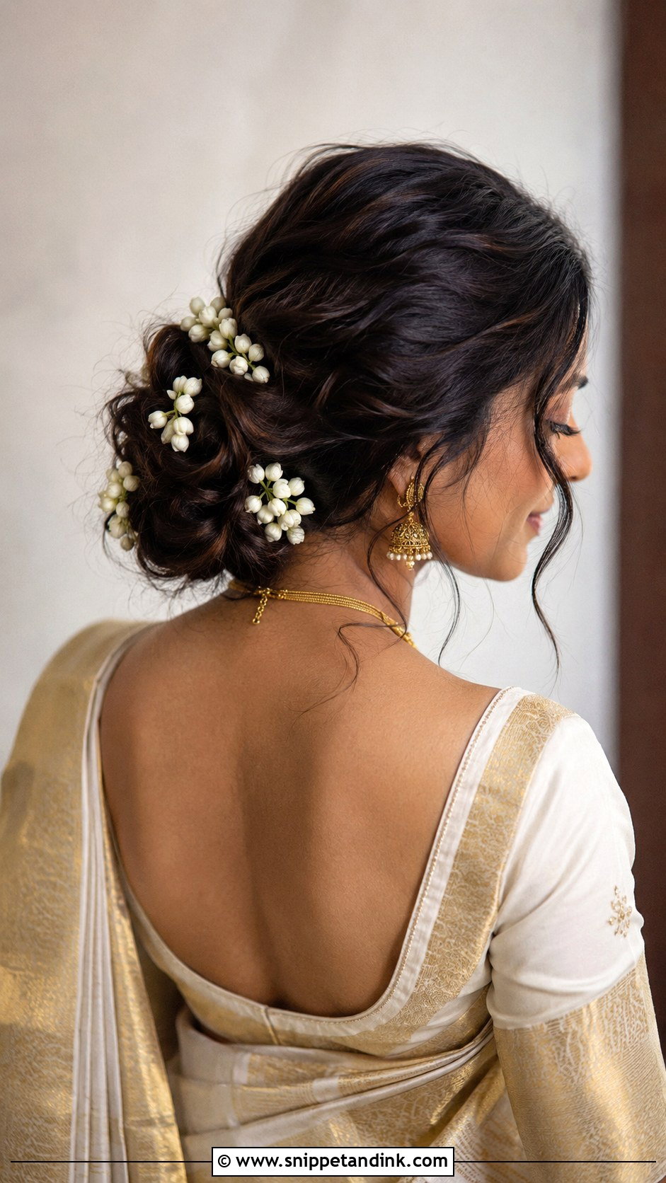 Messy Bun With Jasmine Flowers - Snippet and Ink - 20 South Indian Bride Hairstyle with Jasmine Flowers