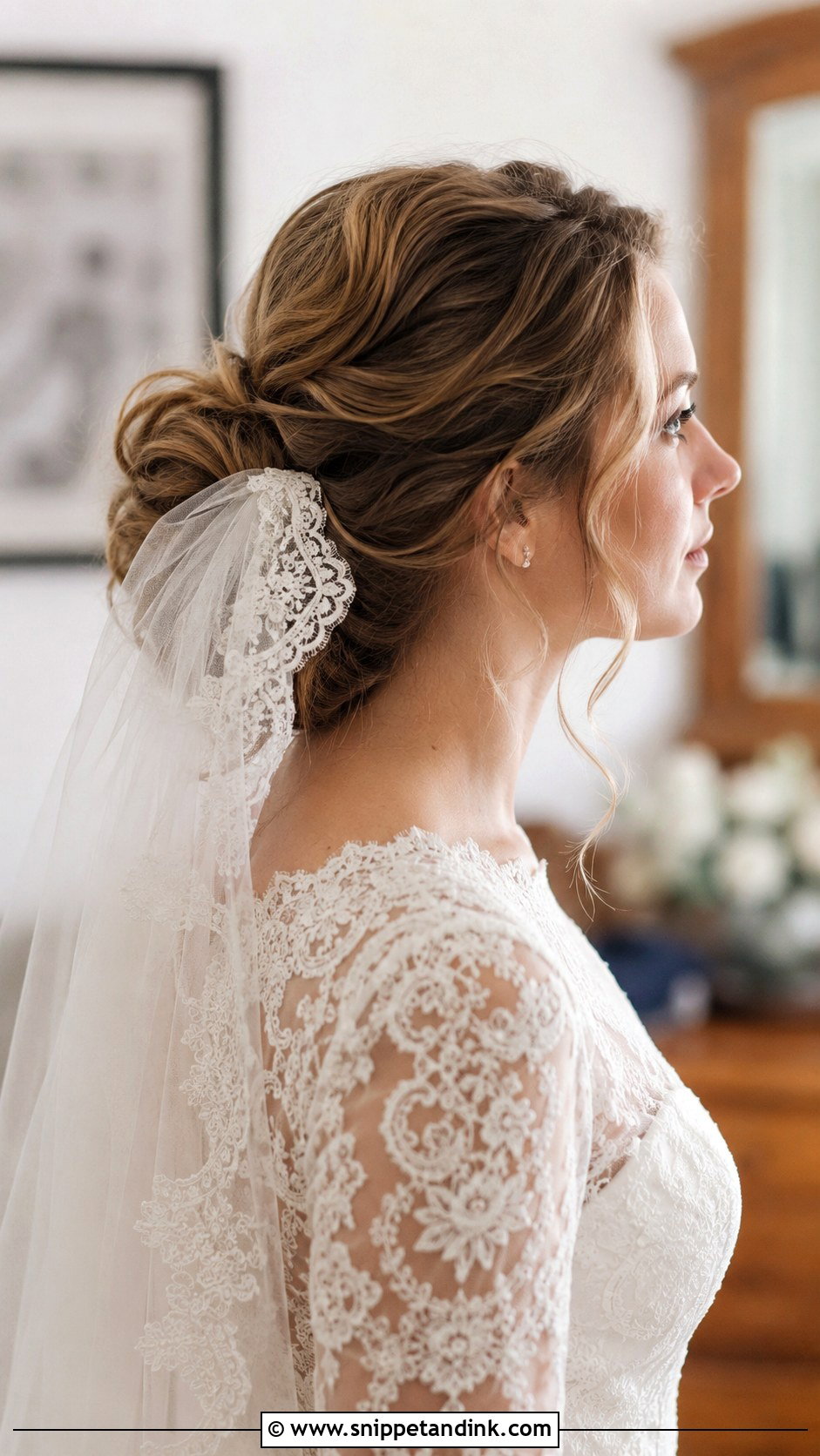 Messy Bun With Lace Veil - Snippet and Ink - 25 Messy Bun Wedding Hair Ideas