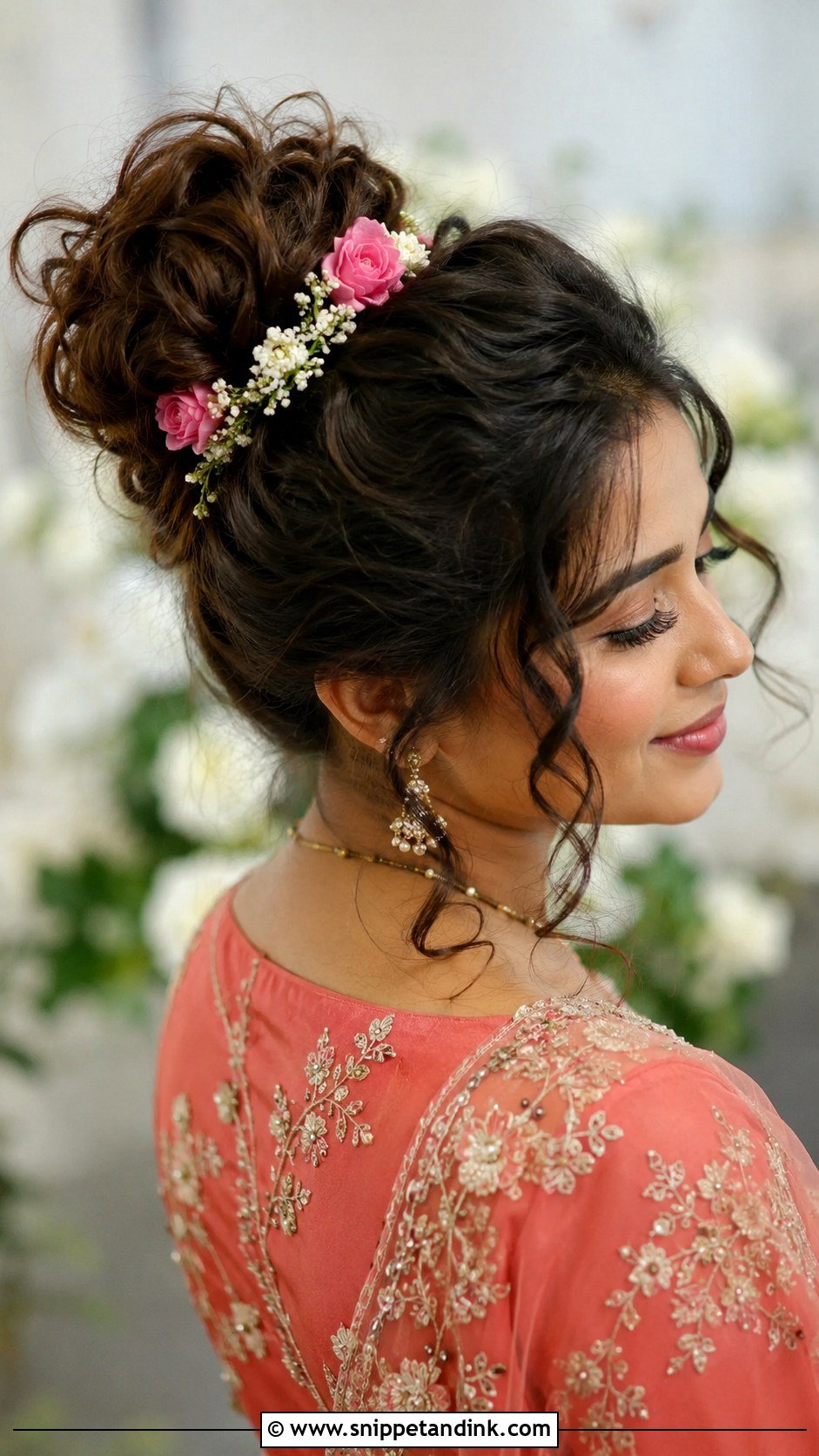 Messy Bun With Loose Curls - Snippet and Ink - 25 Indian Wedding Bun Hairstyles